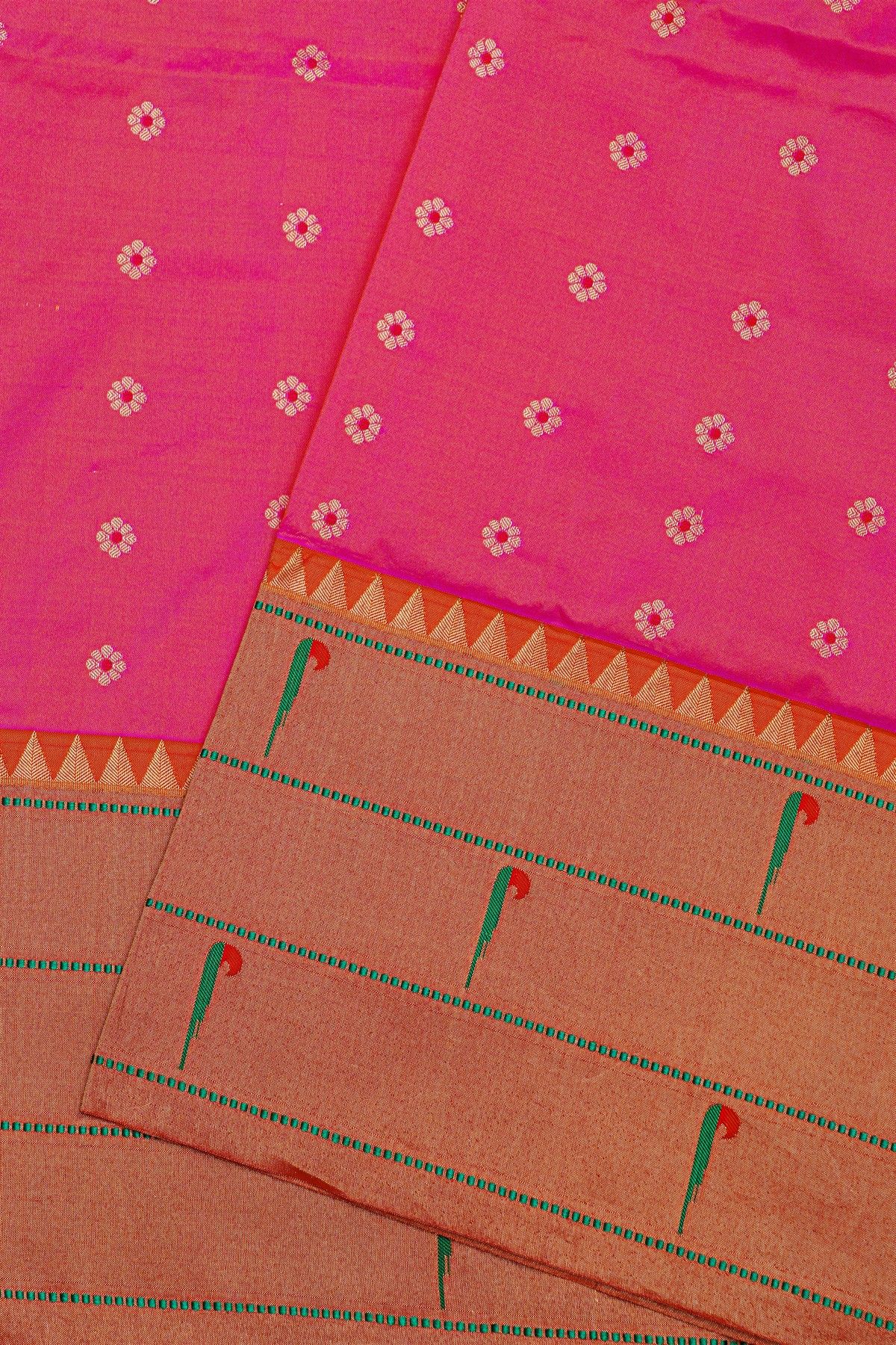 Narayanpet Silk Rani Pink Saree With Muniya Buttis Border