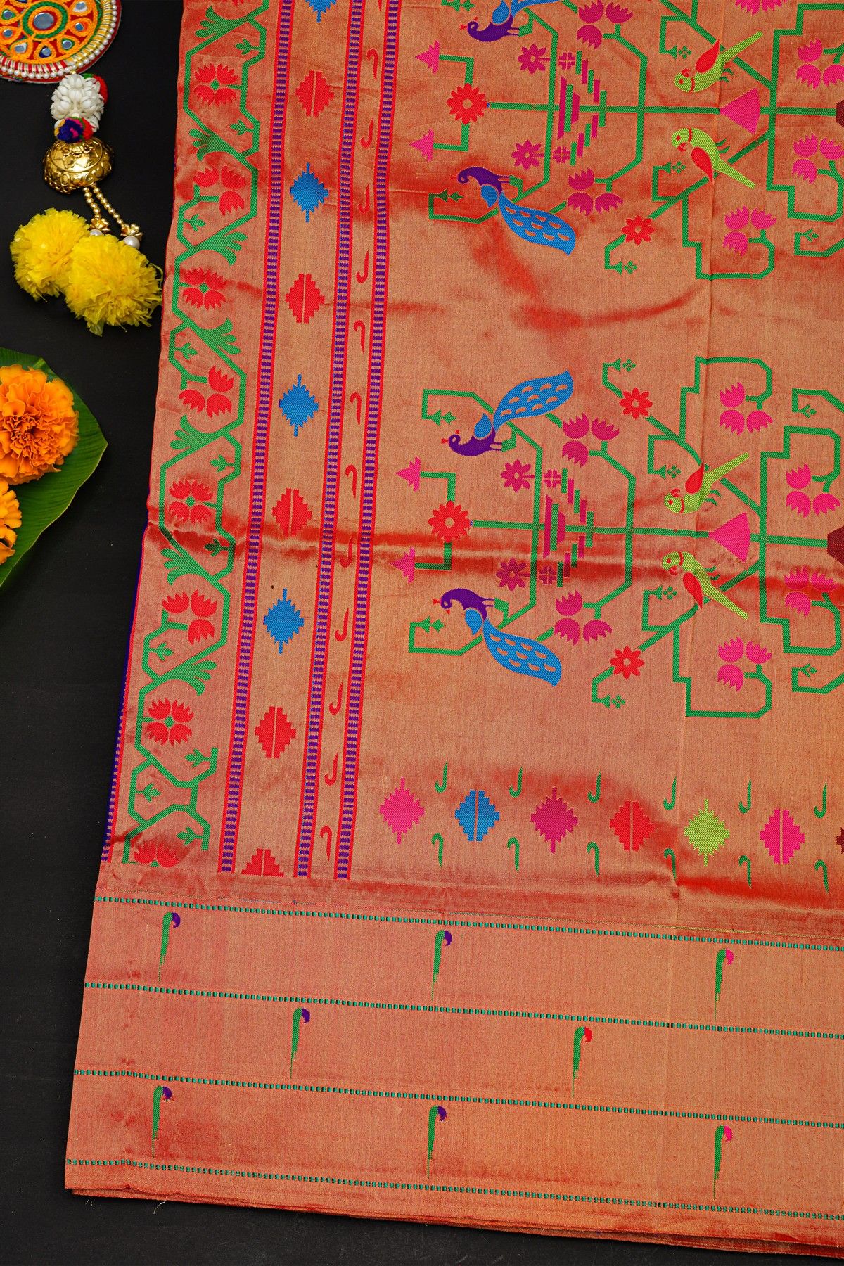Narayanpet Silk Royal Blue Saree With Muniya Buttis Border