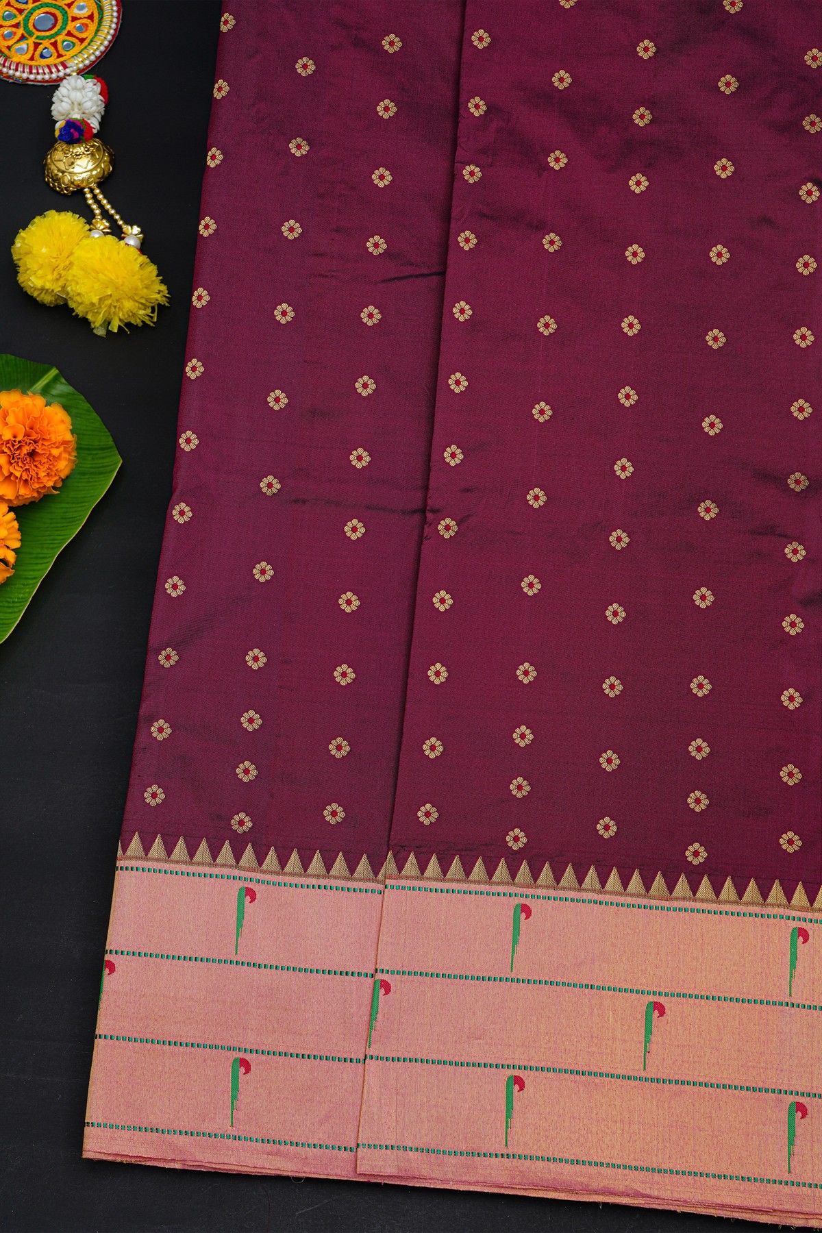 Narayanpet Silk Dark Wine Saree With Muniya Buttis Border