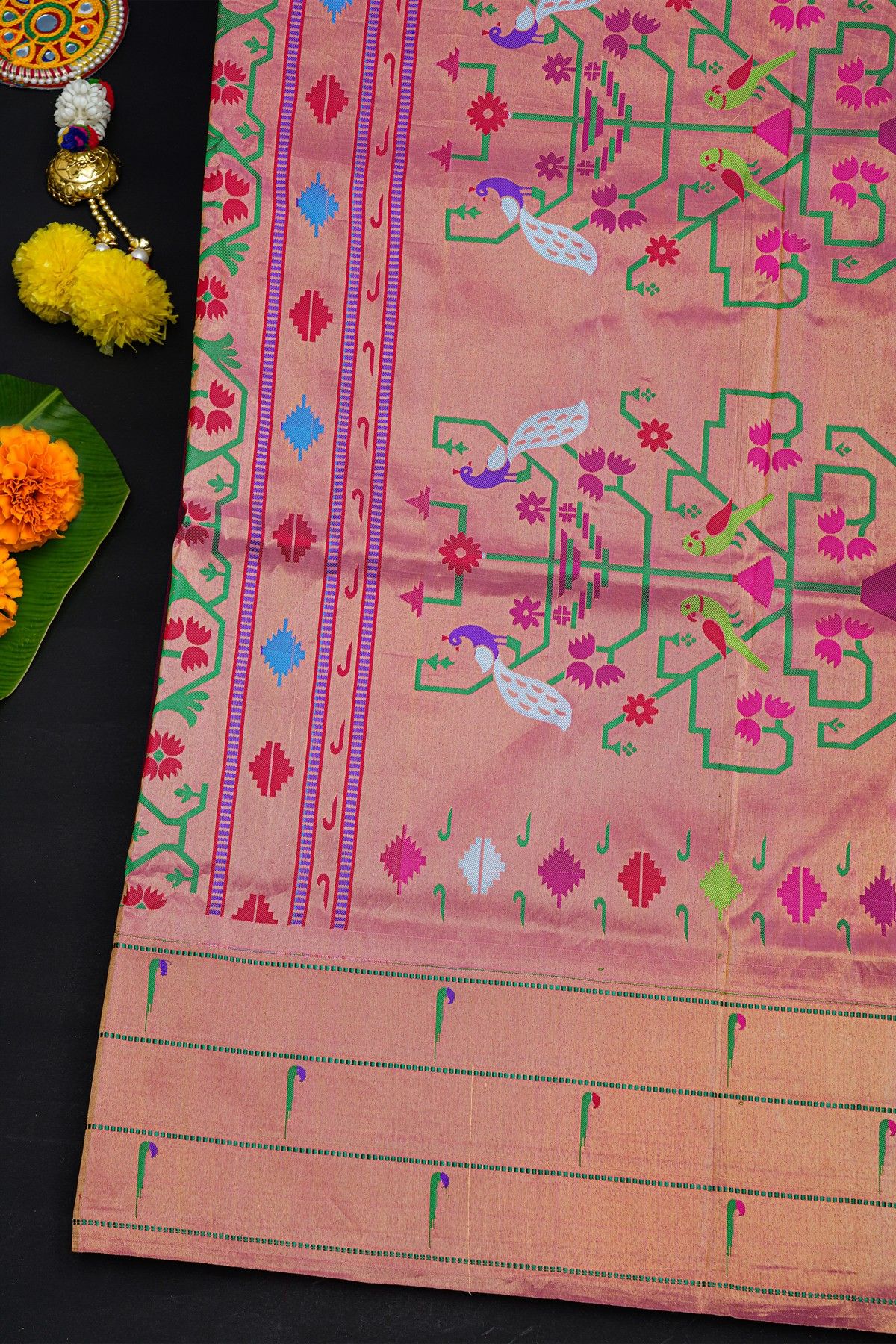 Narayanpet Silk Dark Wine Saree With Muniya Buttis Border