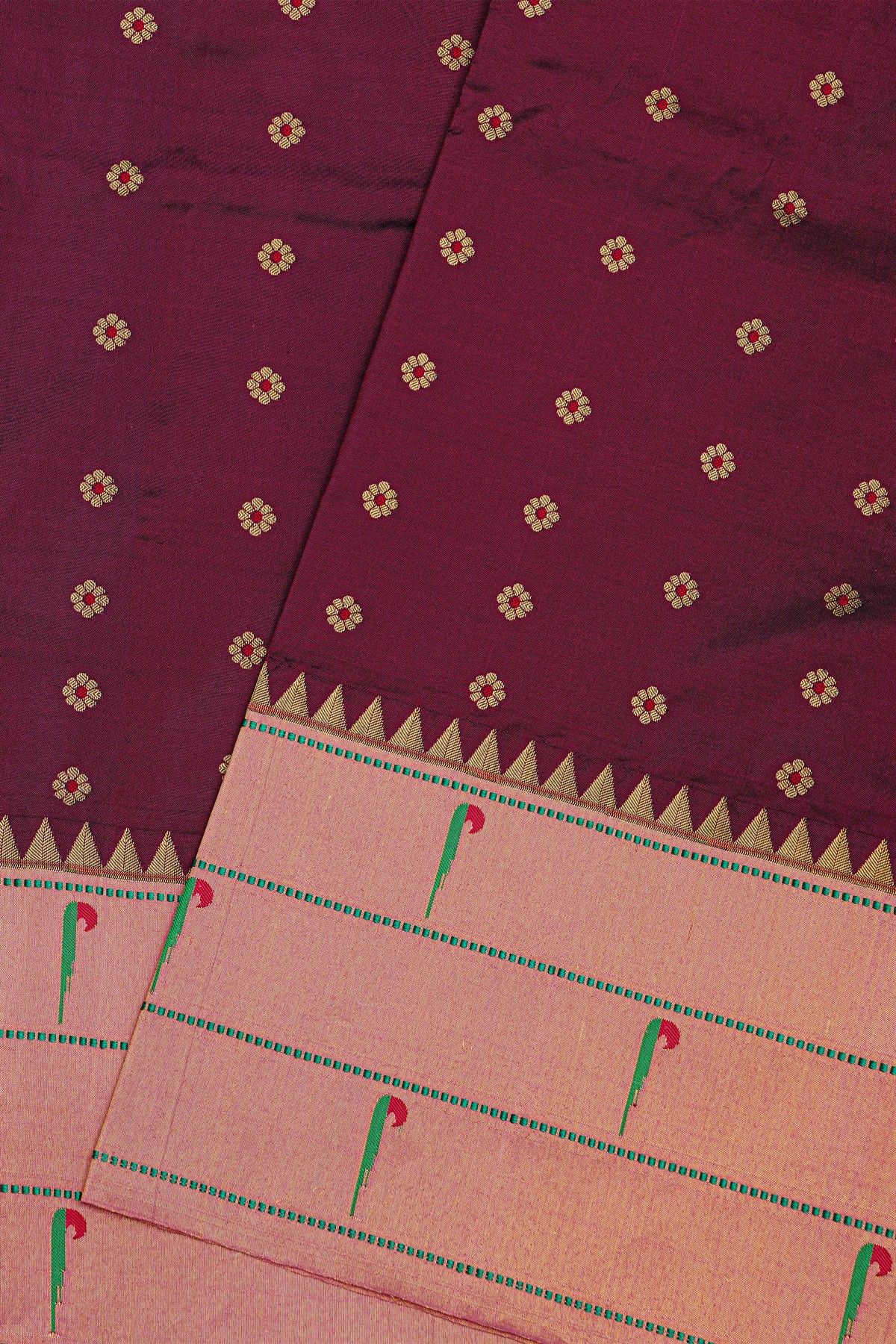 Narayanpet Silk Dark Wine Saree With Muniya Buttis Border