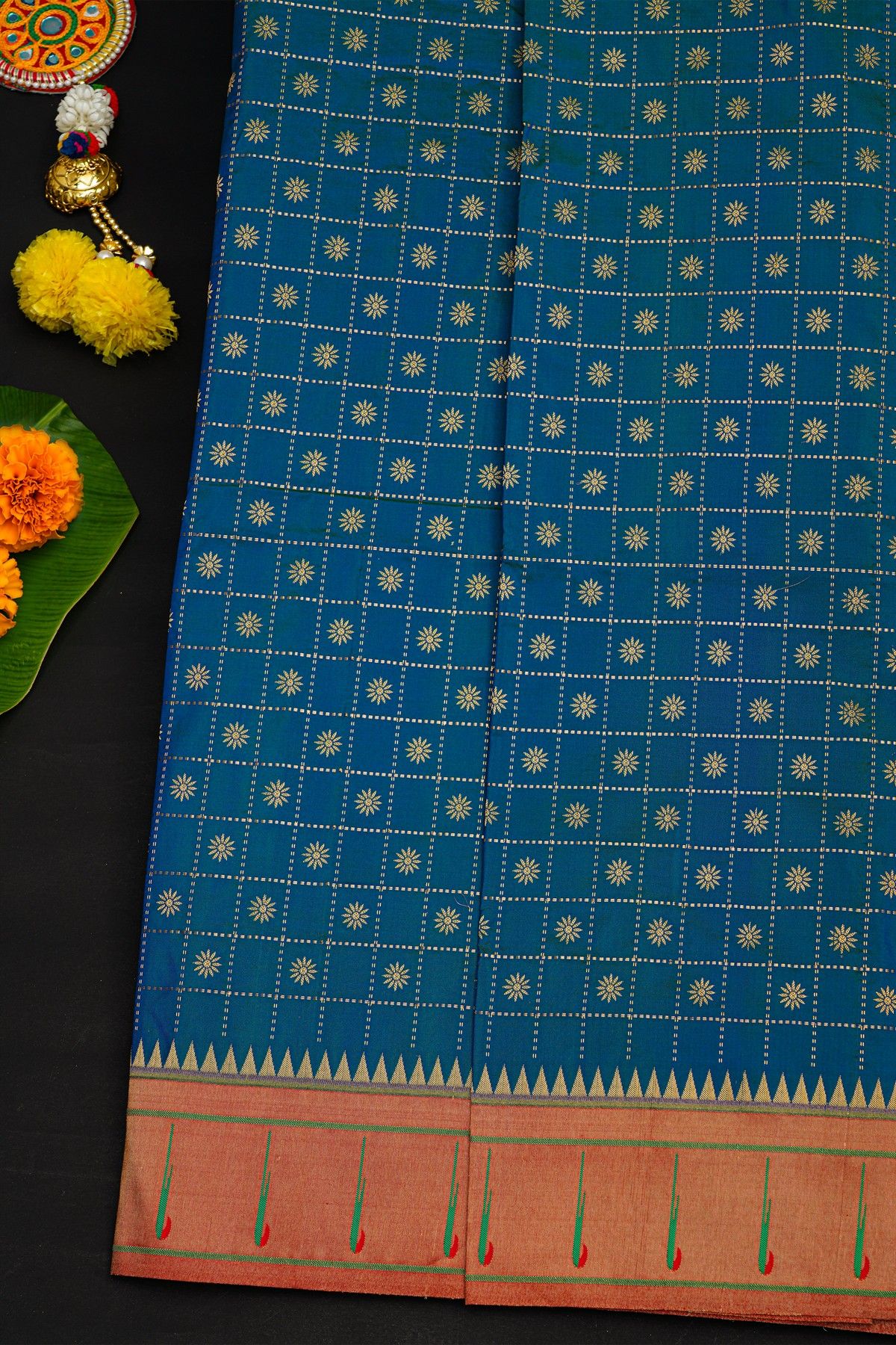 Narayanpet Silk Teal Blue Saree With Muniya Buttis Border