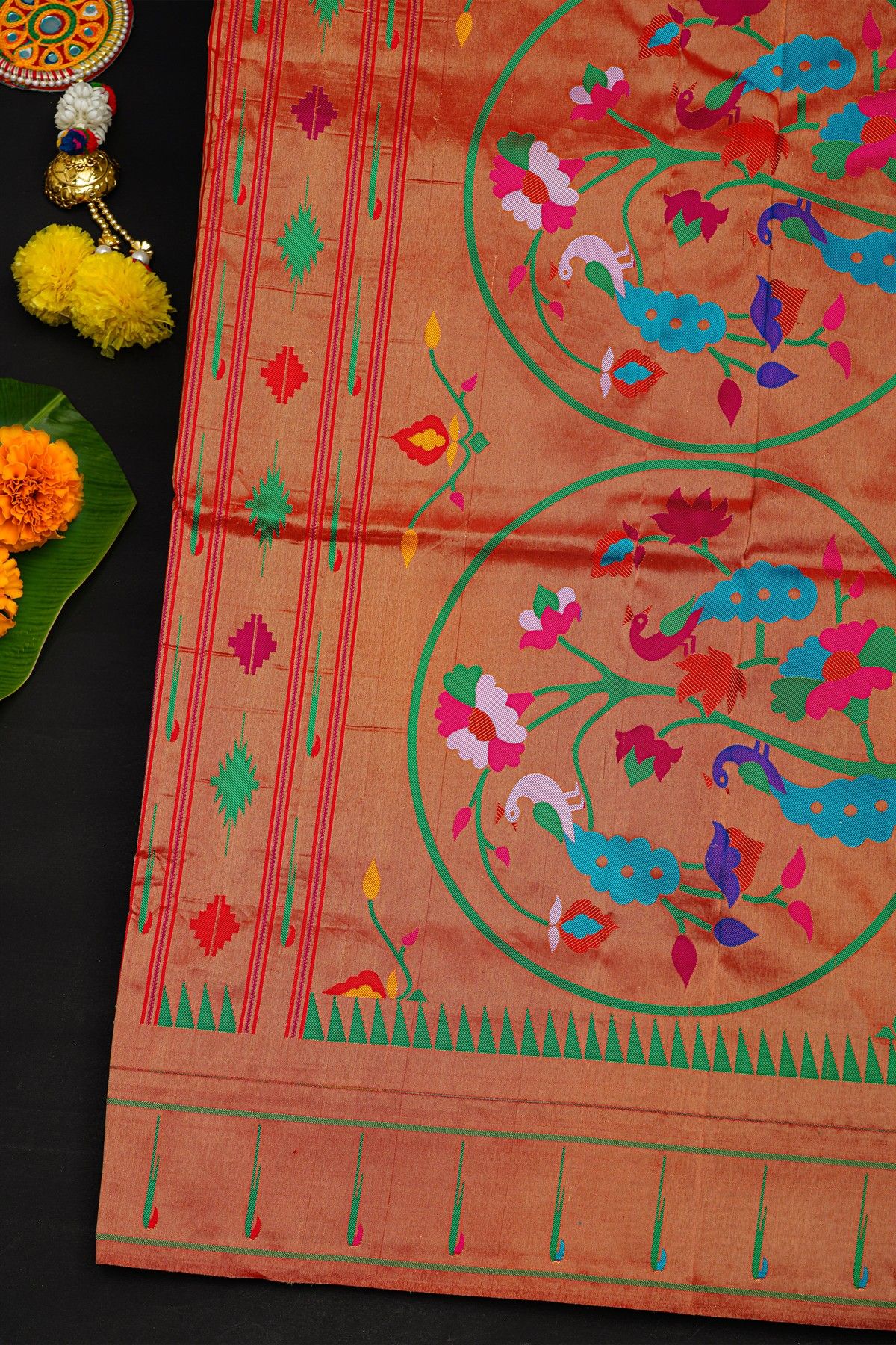 Narayanpet Silk Teal Blue Saree With Muniya Buttis Border