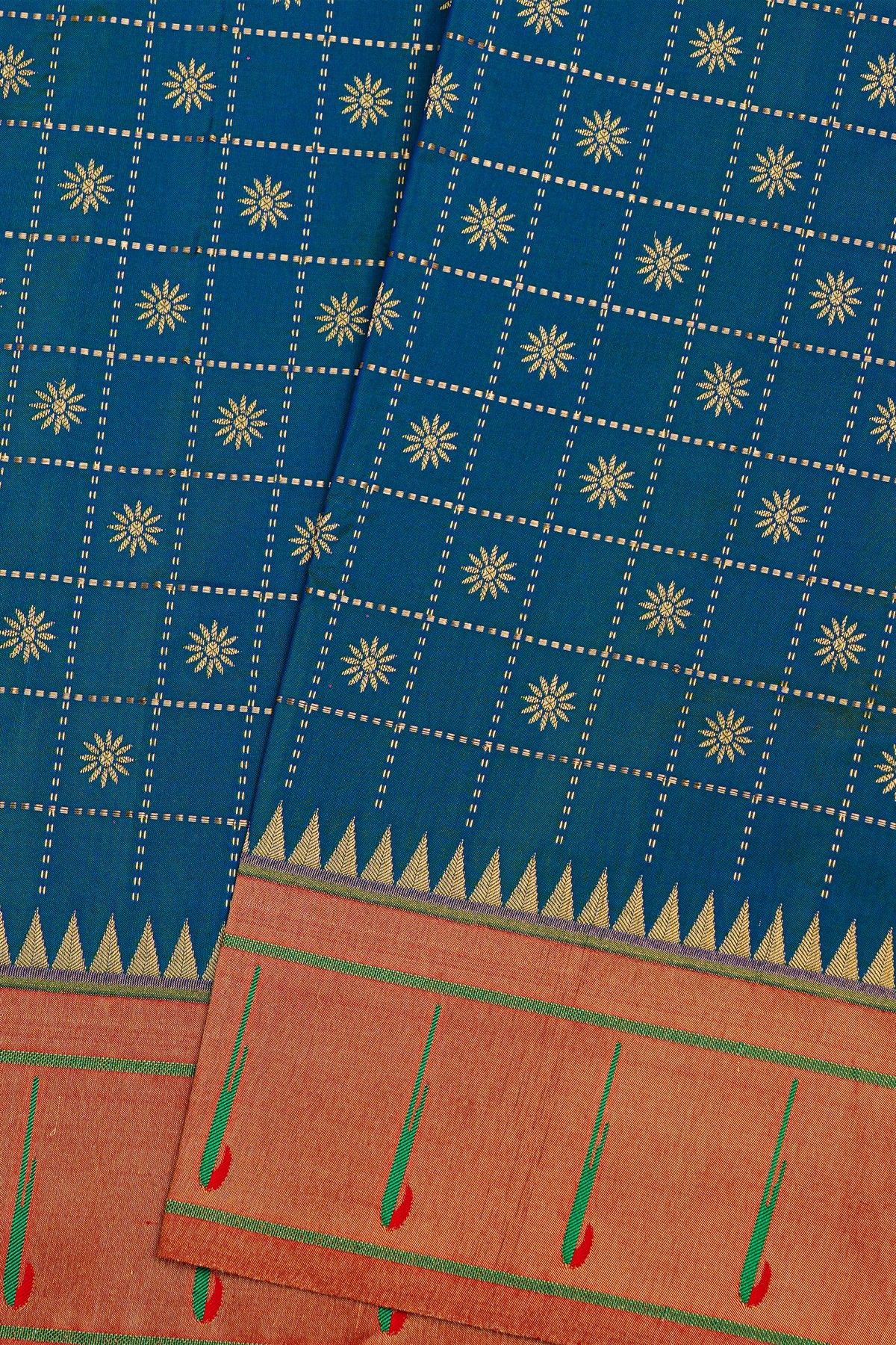 Narayanpet Silk Teal Blue Saree With Muniya Buttis Border