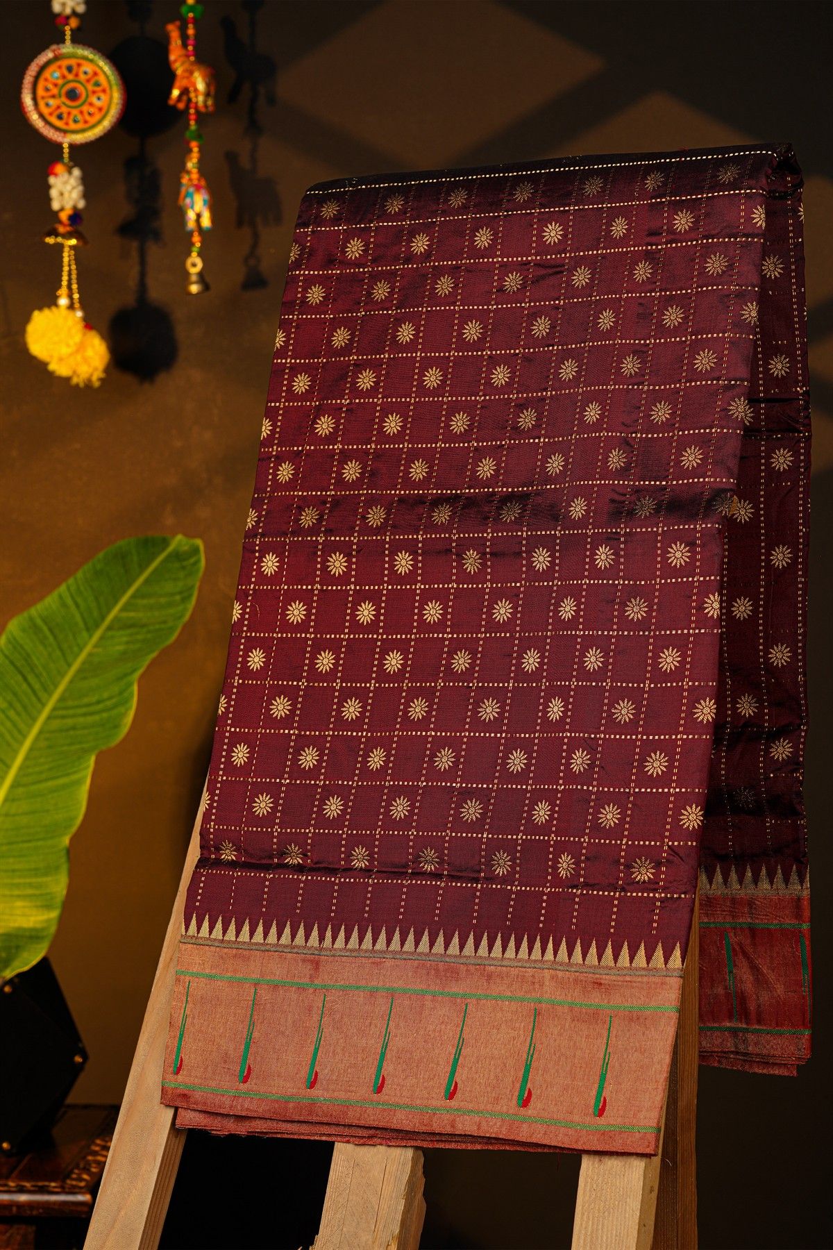 Narayanpet Silk Brick Brown Saree With Muniya Buttis Border