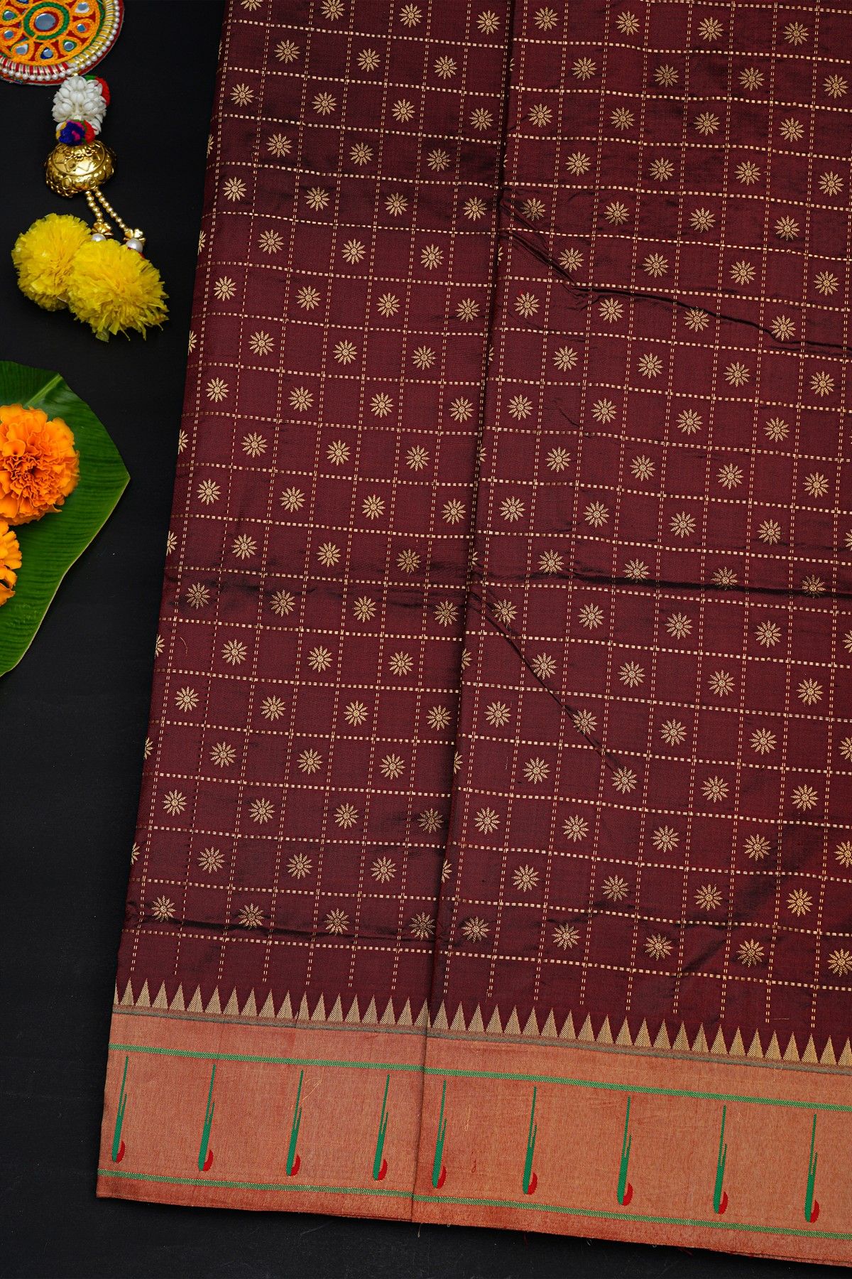 Narayanpet Silk Brick Brown Saree With Muniya Buttis Border