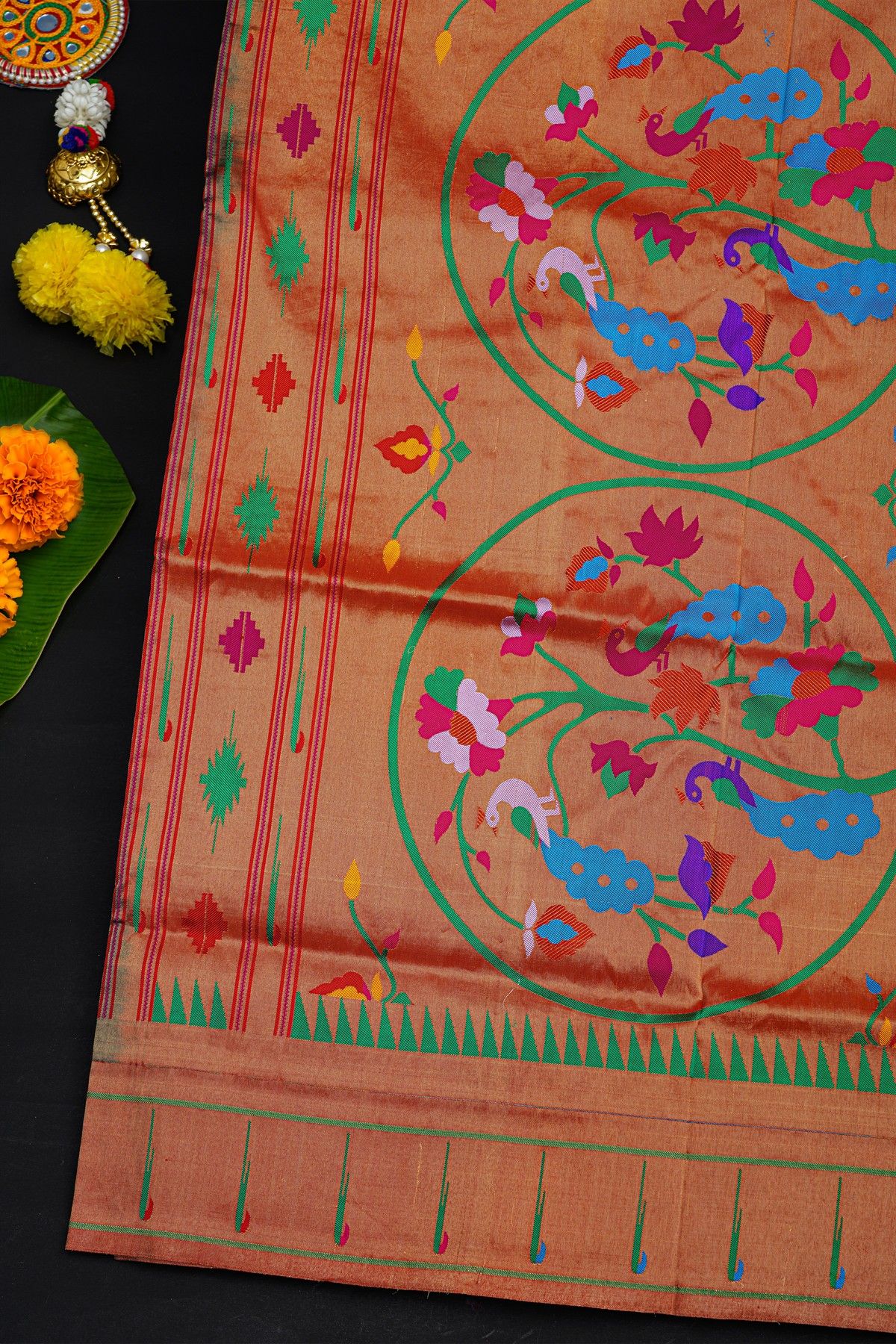 Narayanpet Silk Brick Brown Saree With Muniya Buttis Border