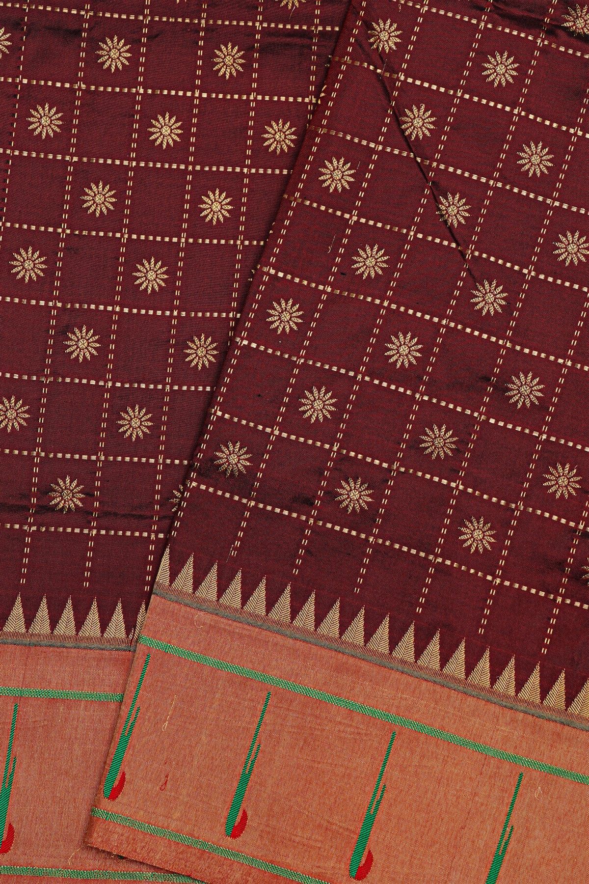 Narayanpet Silk Brick Brown Saree With Muniya Buttis Border