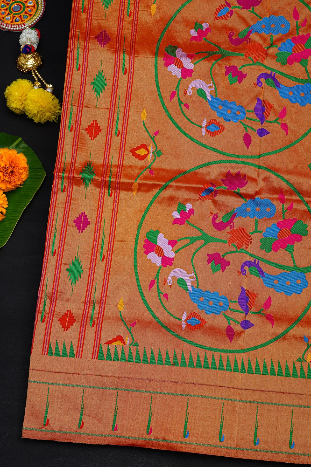 Narayanpet Silk Orange Saree With Muniya Buttis Border
