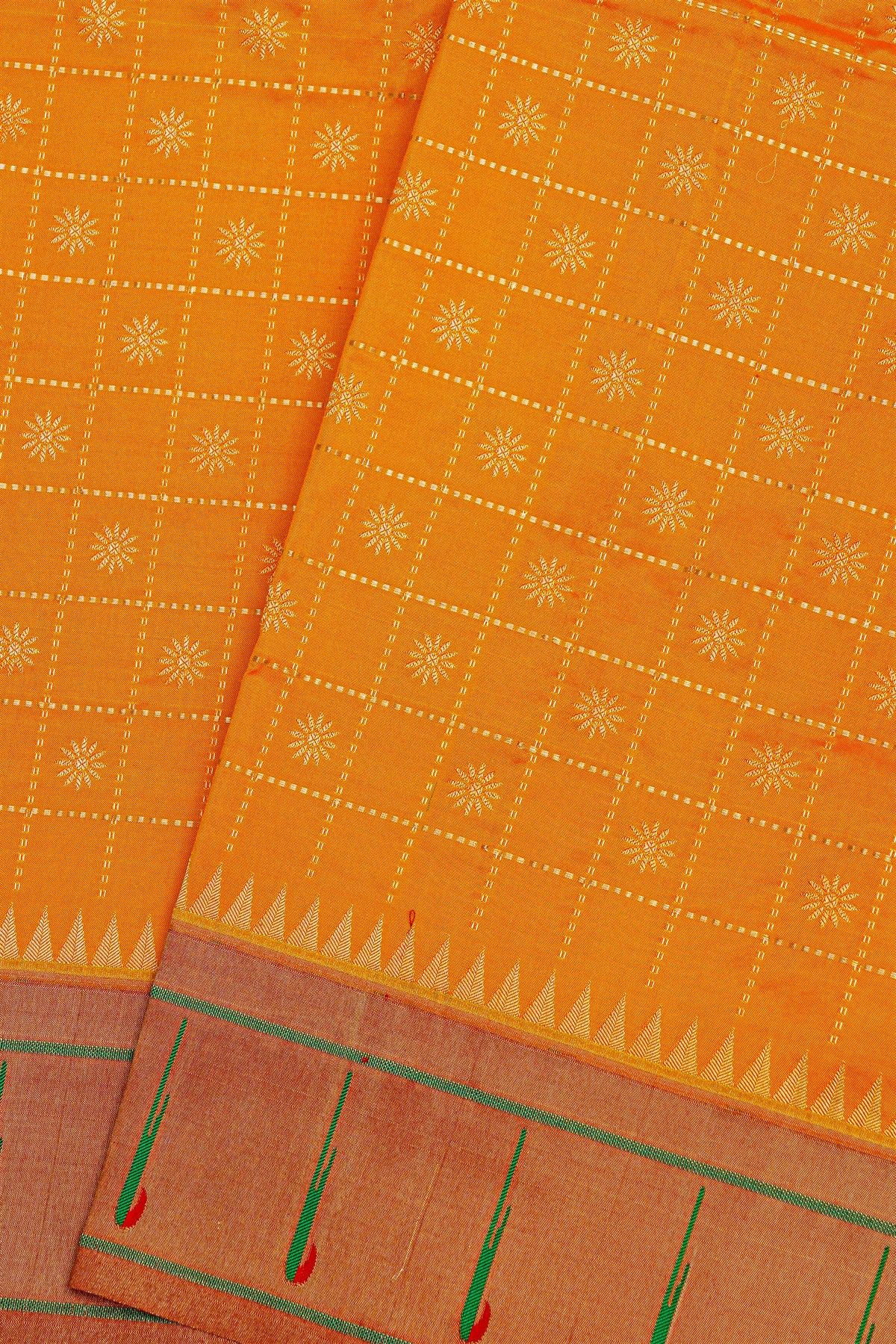 Narayanpet Silk Orange Saree With Muniya Buttis Border