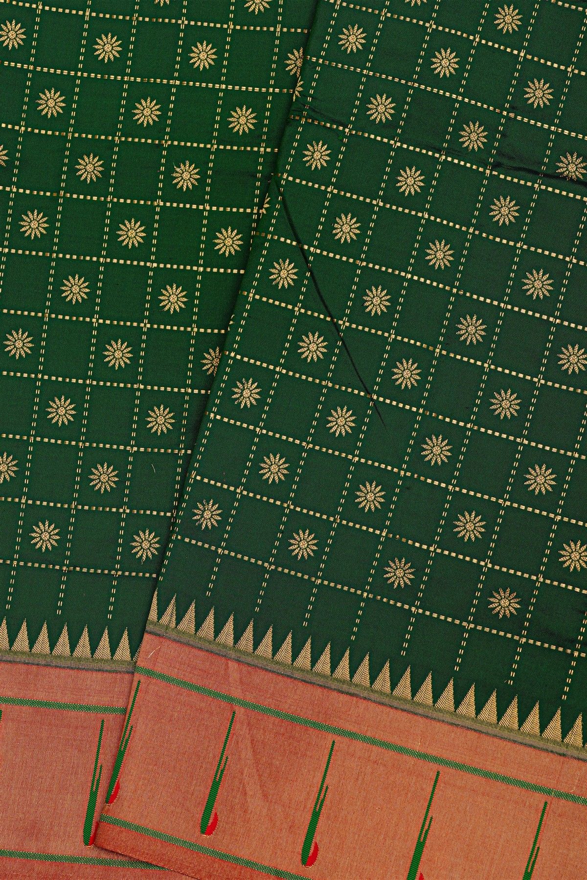 Narayanpet Silk Bottle Green Saree With Muniya Buttis Border