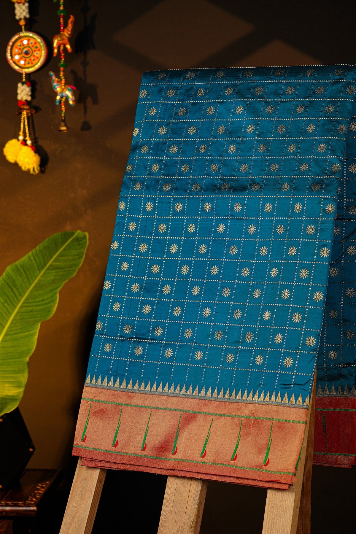 Narayanpet Silk Teal Blue Saree With Muniya Buttis Border