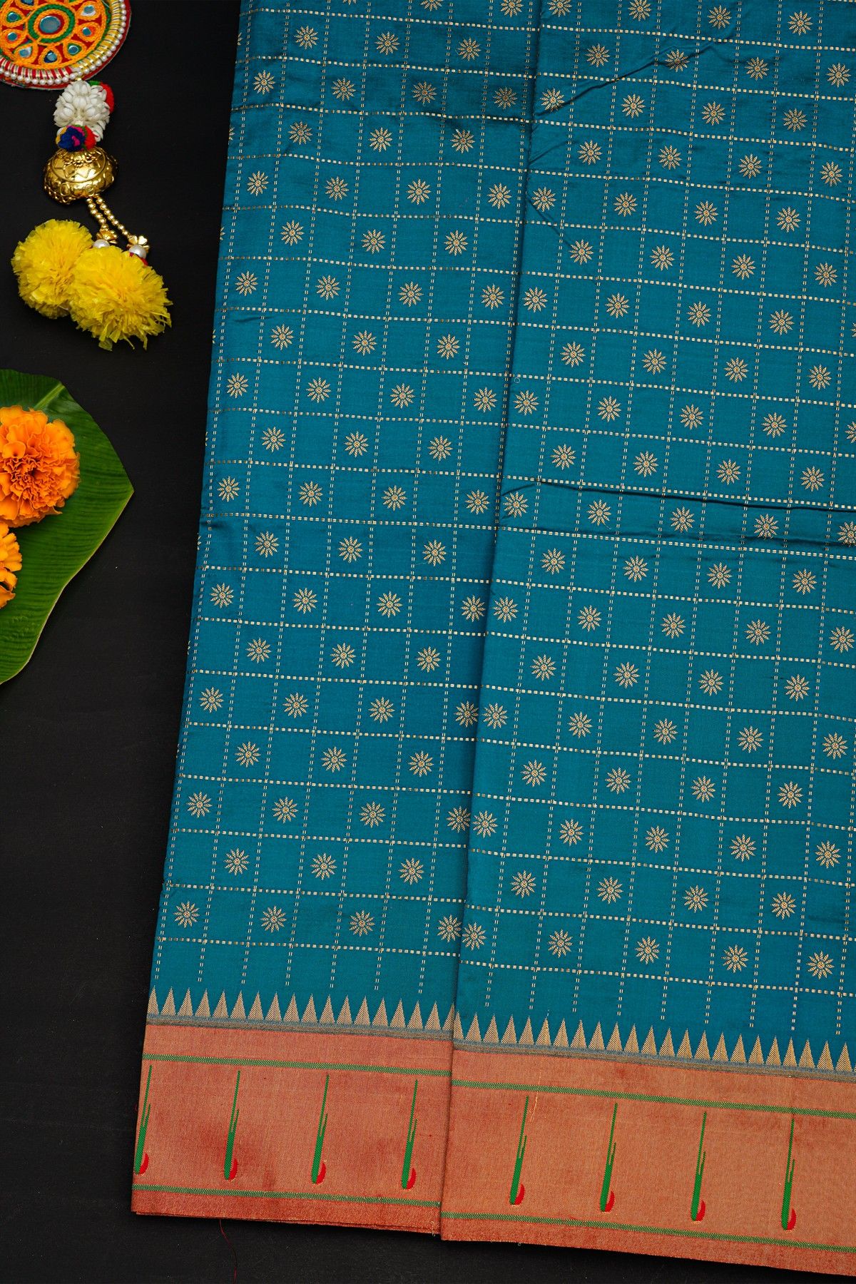 Narayanpet Silk Teal Blue Saree With Muniya Buttis Border
