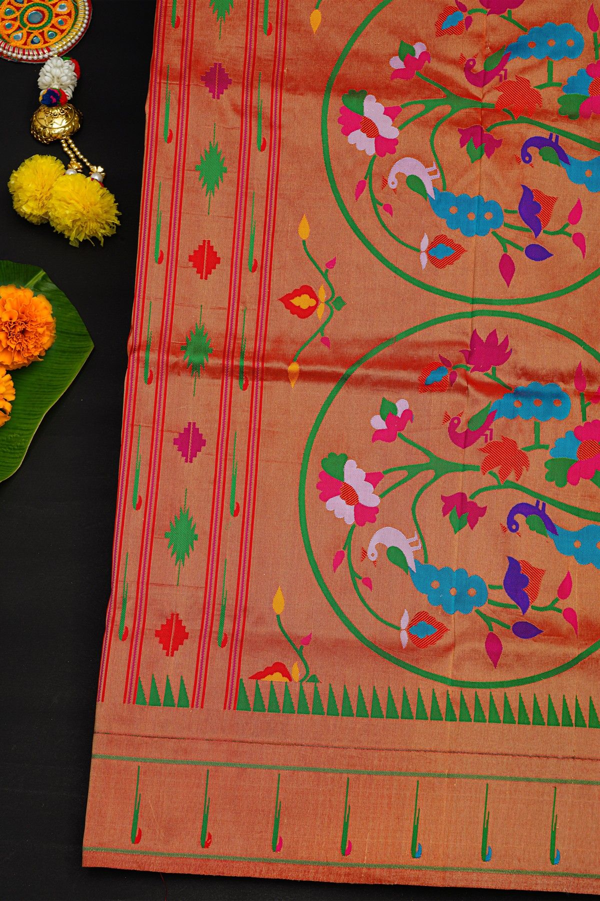 Narayanpet Silk Teal Blue Saree With Muniya Buttis Border