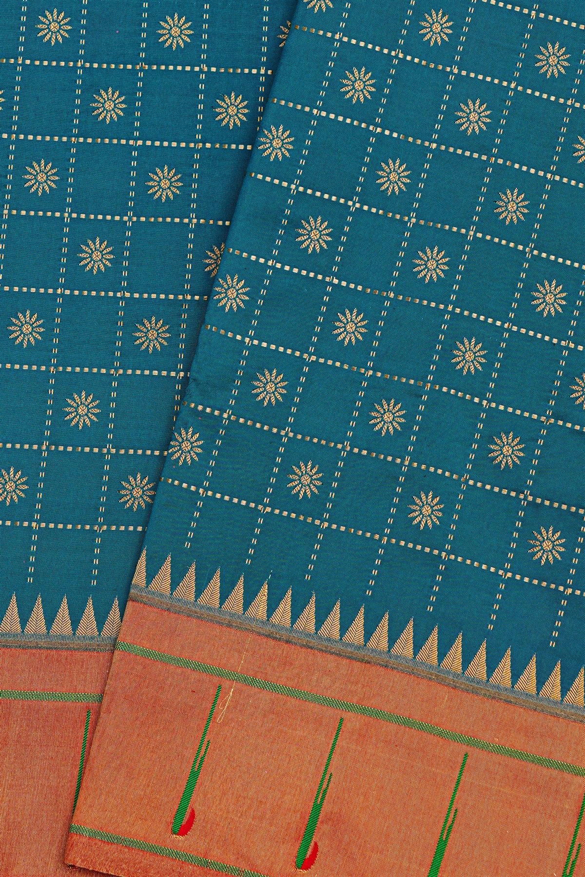 Narayanpet Silk Teal Blue Saree With Muniya Buttis Border