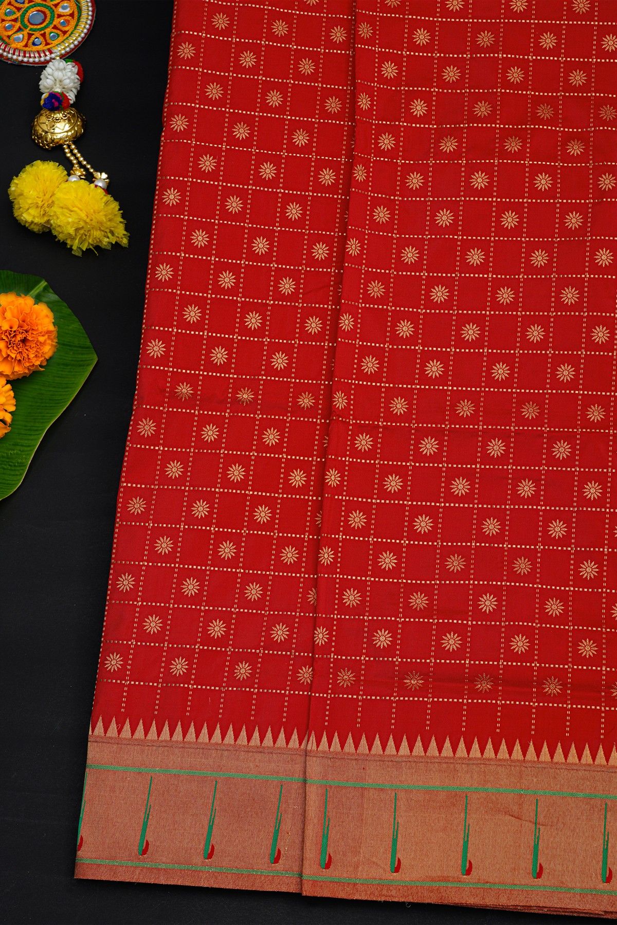 Narayanpet Silk Red Saree With Muniya Buttis Border