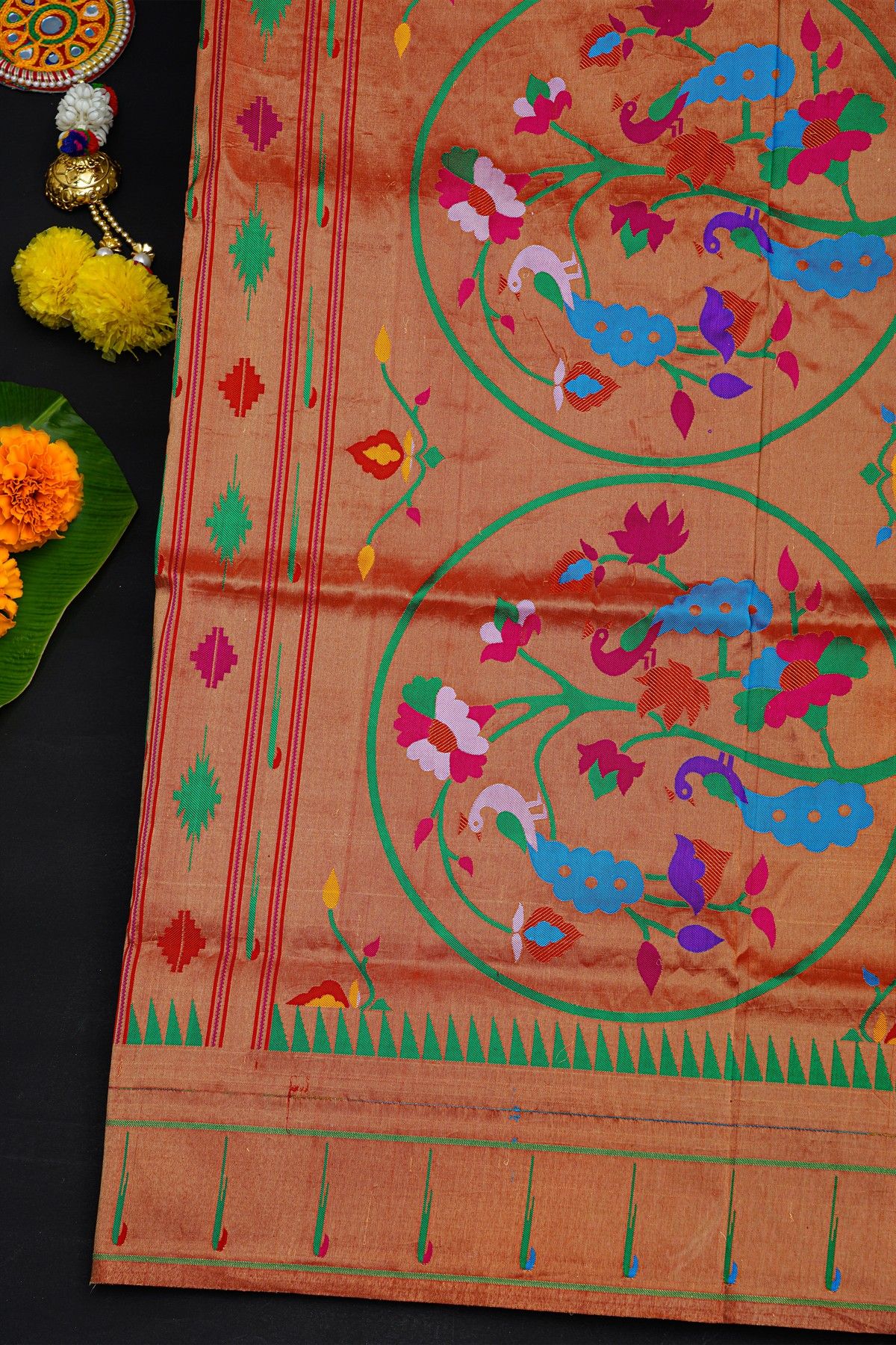 Narayanpet Silk Red Saree With Muniya Buttis Border