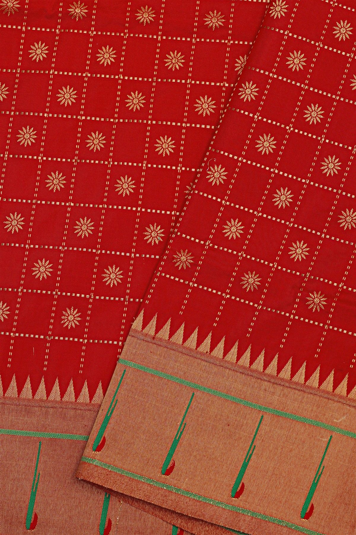 Narayanpet Silk Red Saree With Muniya Buttis Border