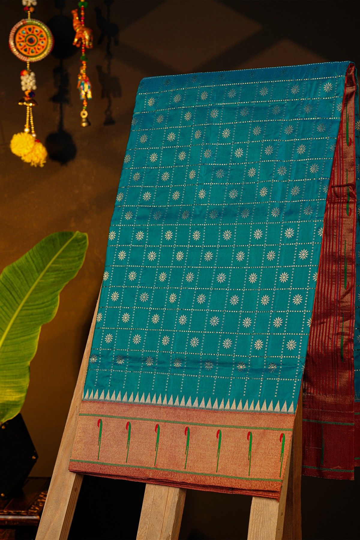 Narayanpet Silk Teal Blue Saree With Muniya Buttis Border