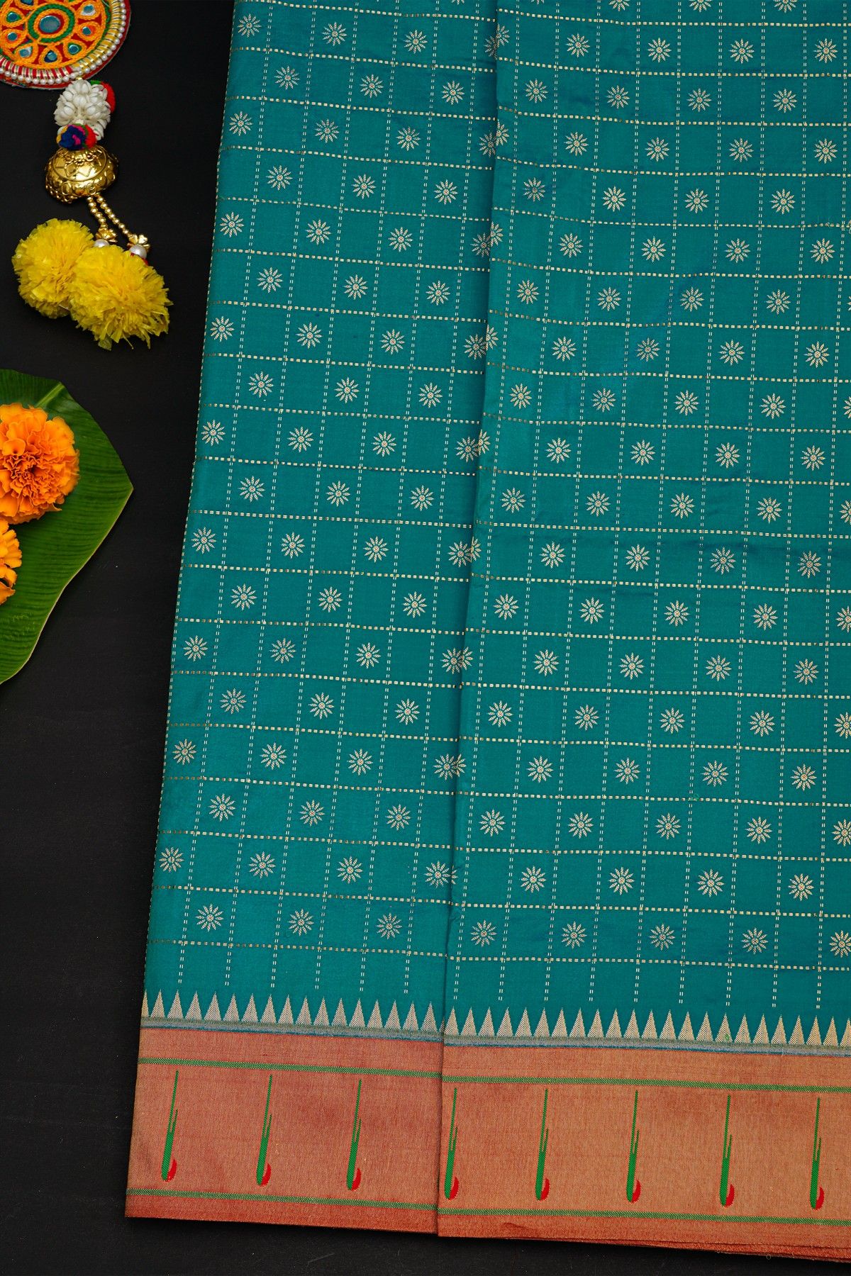Narayanpet Silk Teal Blue Saree With Muniya Buttis Border