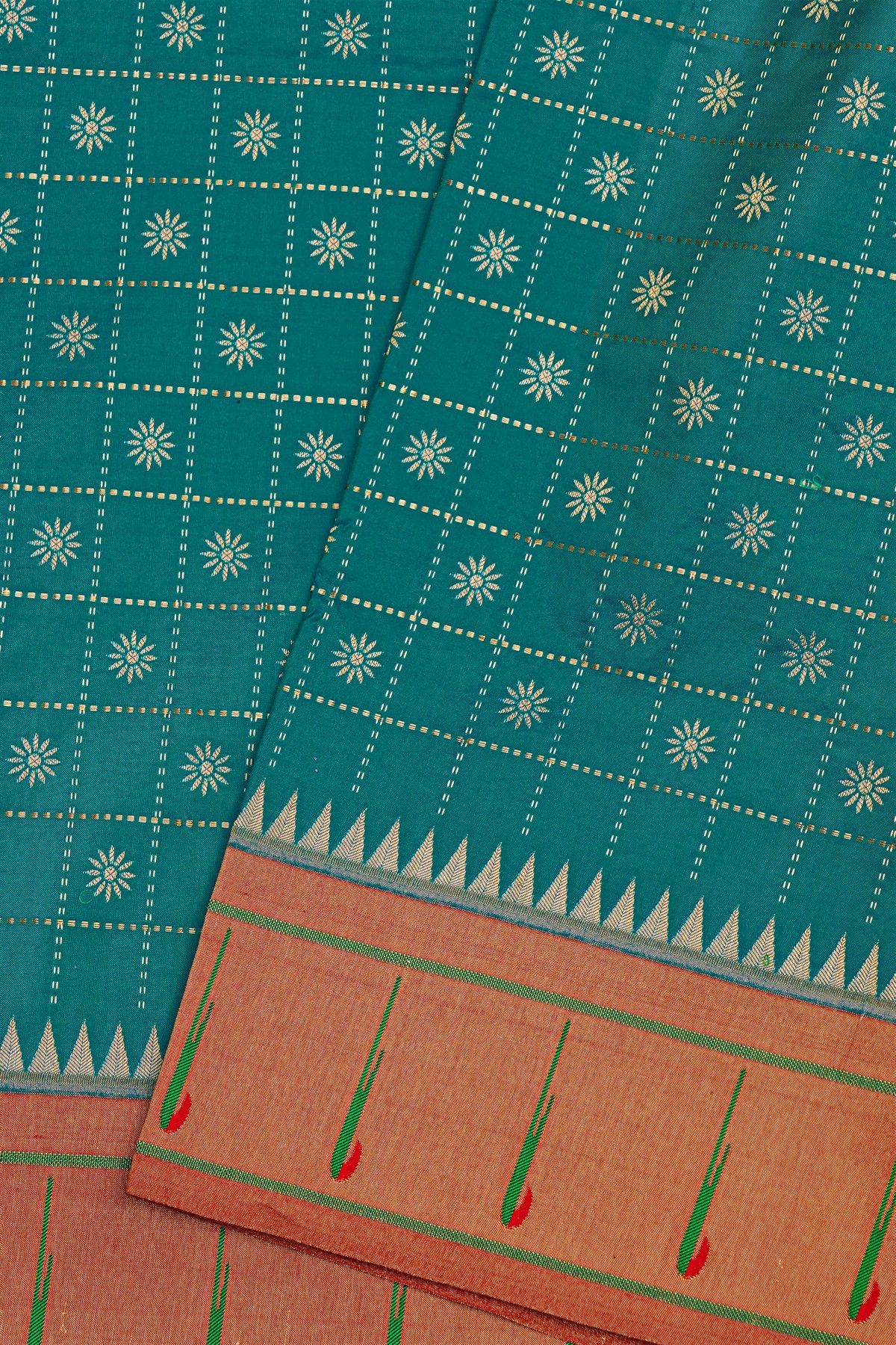 Narayanpet Silk Teal Blue Saree With Muniya Buttis Border