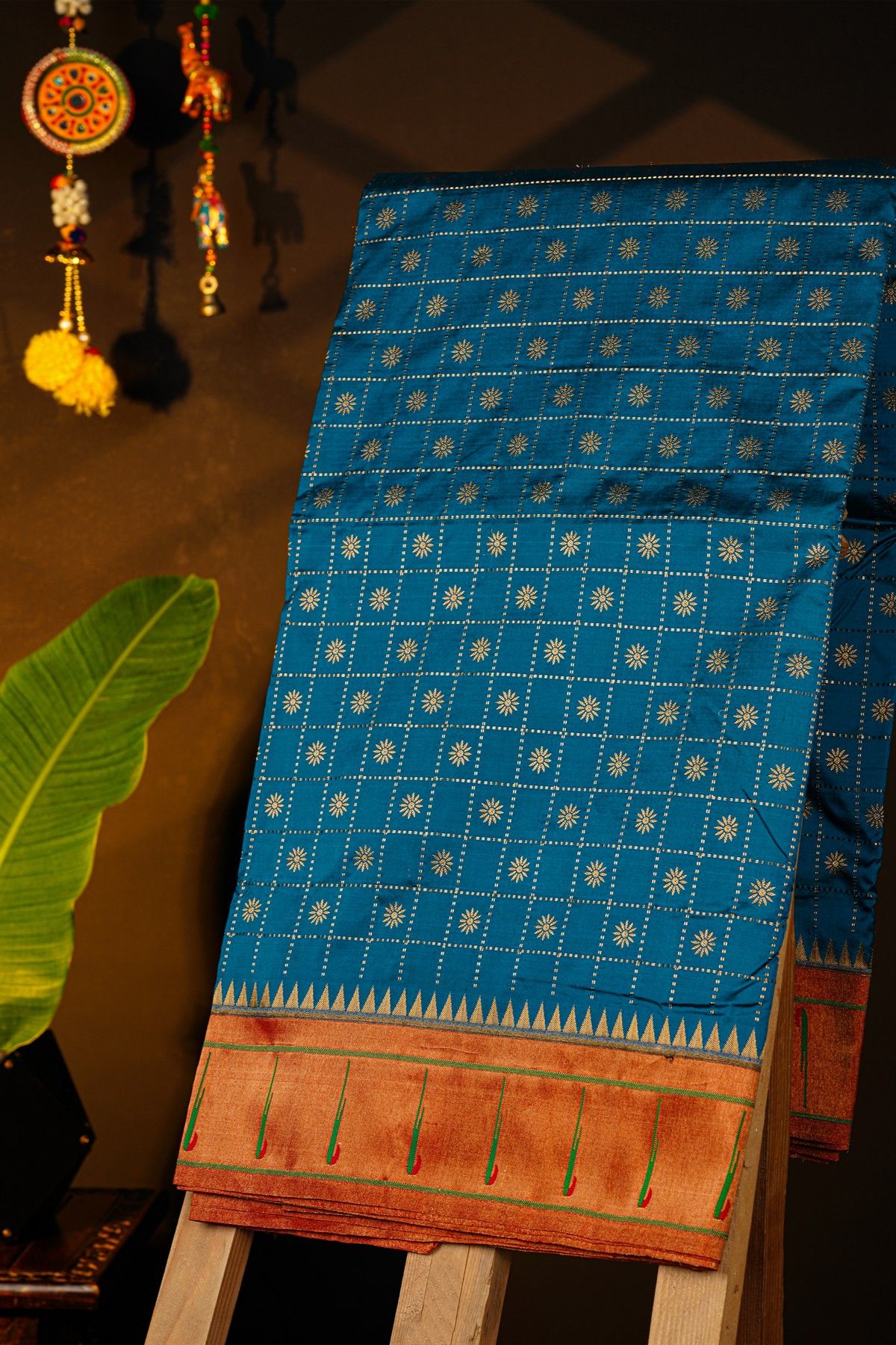 Narayanpet Silk Teal Blue Saree With Muniya Buttis Border