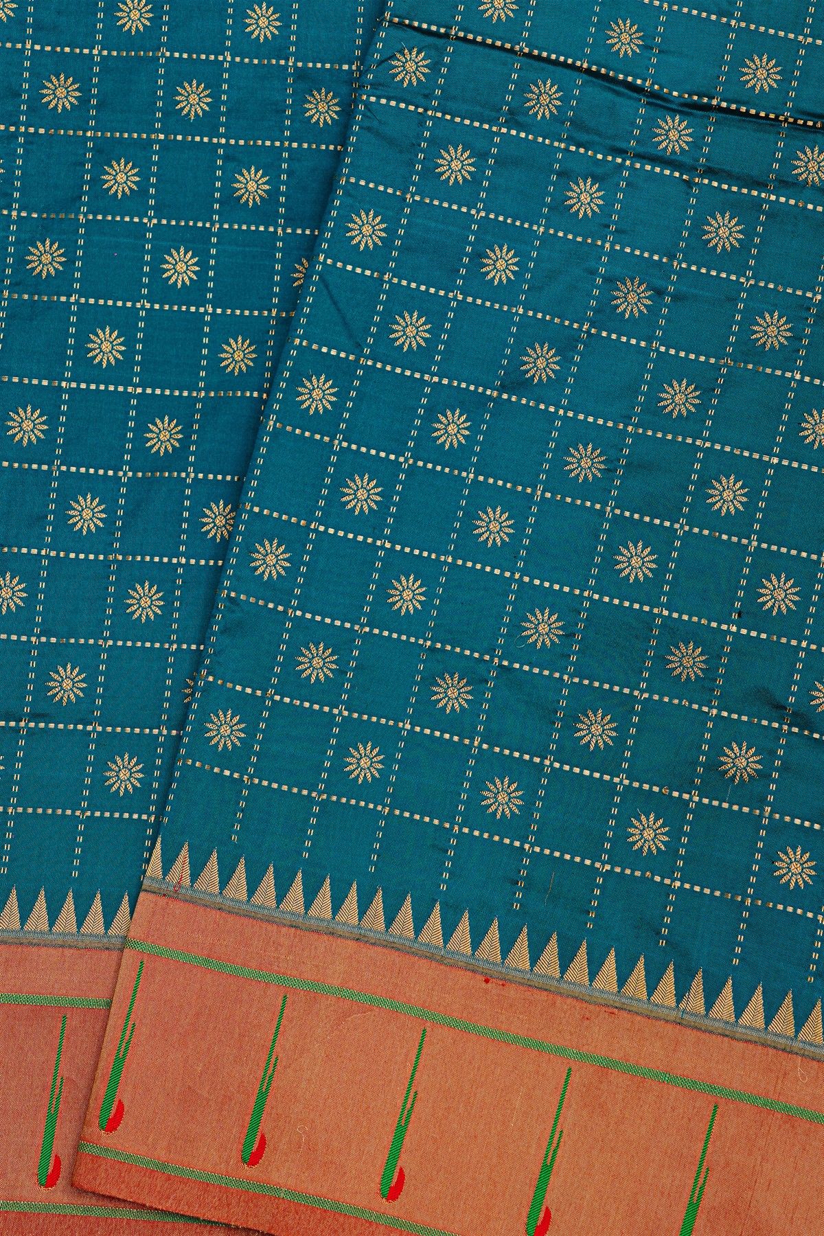 Narayanpet Silk Teal Blue Saree With Muniya Buttis Border