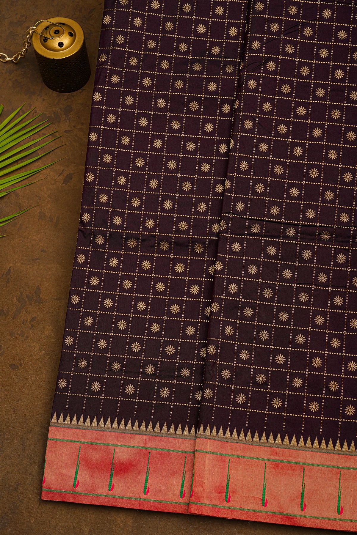 Narayanpet Silk Dark Wine Saree With Muniya Buttis Border