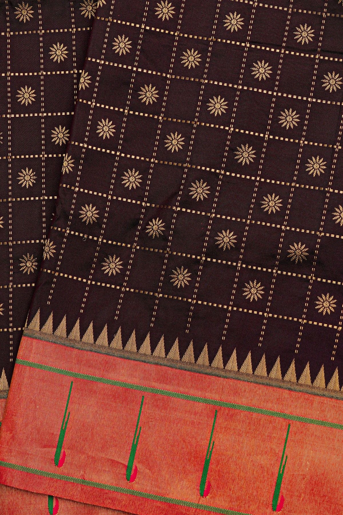 Narayanpet Silk Dark Wine Saree With Muniya Buttis Border