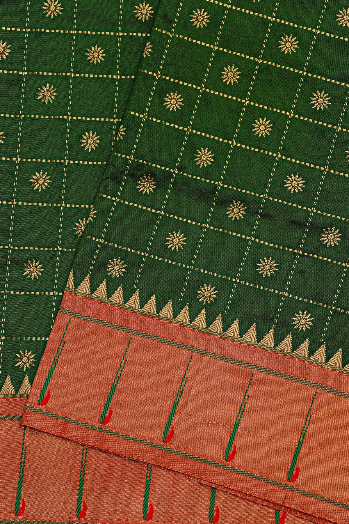 Narayanpet Silk Bottle Green Saree With Muniya Buttis Border