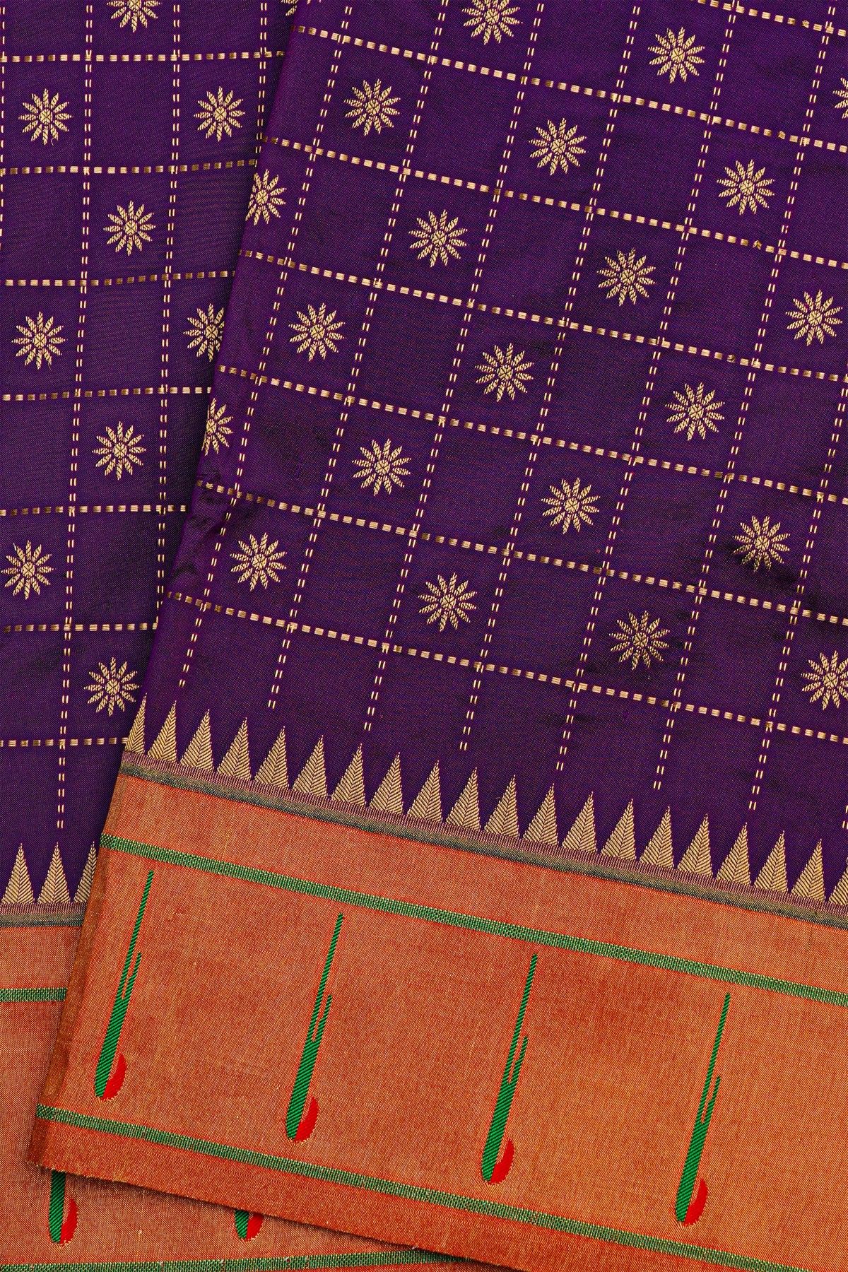 Narayanpet Silk Violet Saree With Muniya Buttis Border