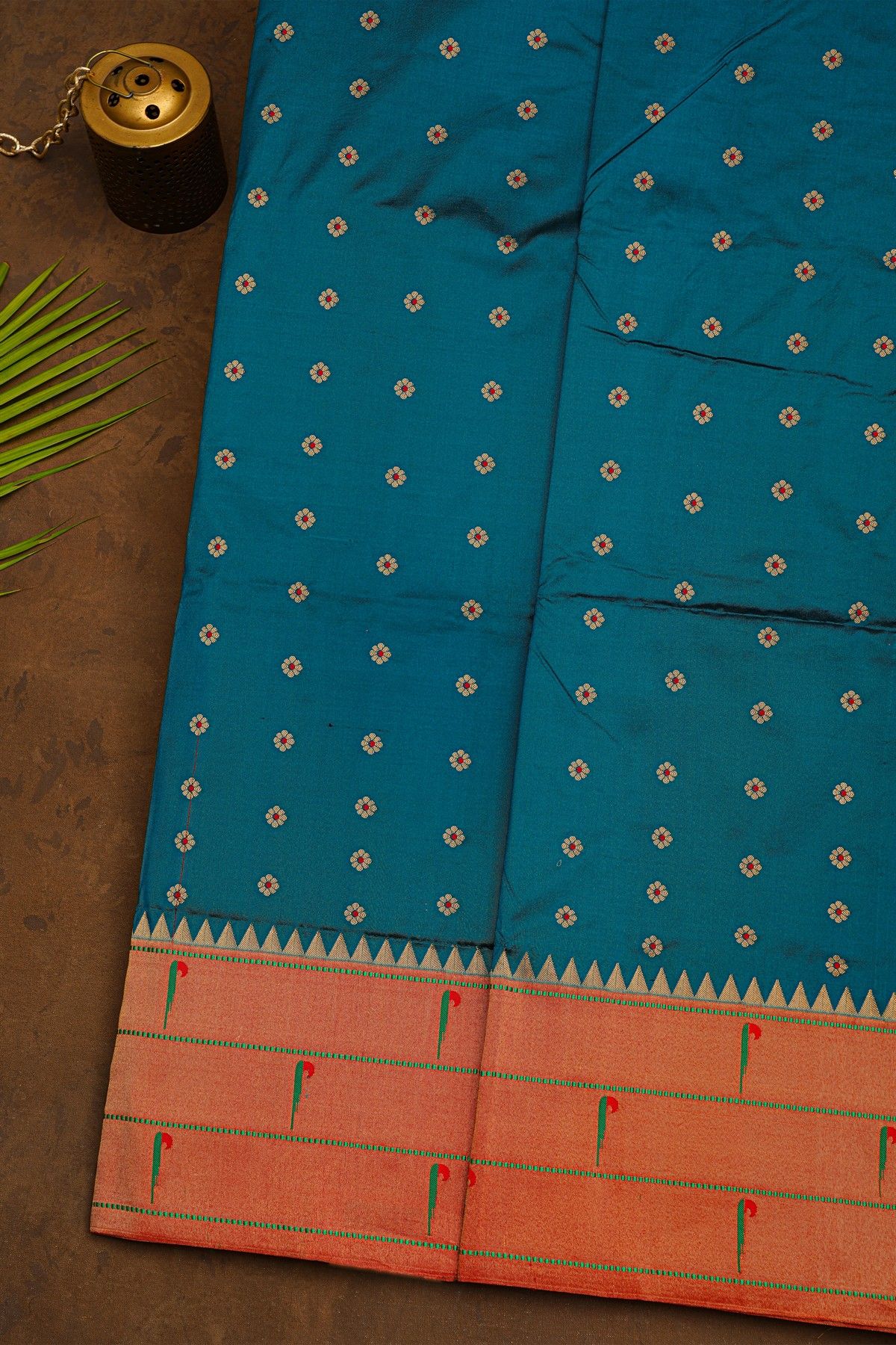 Narayanpet Silk Teal Blue Saree With Muniya Buttis Border