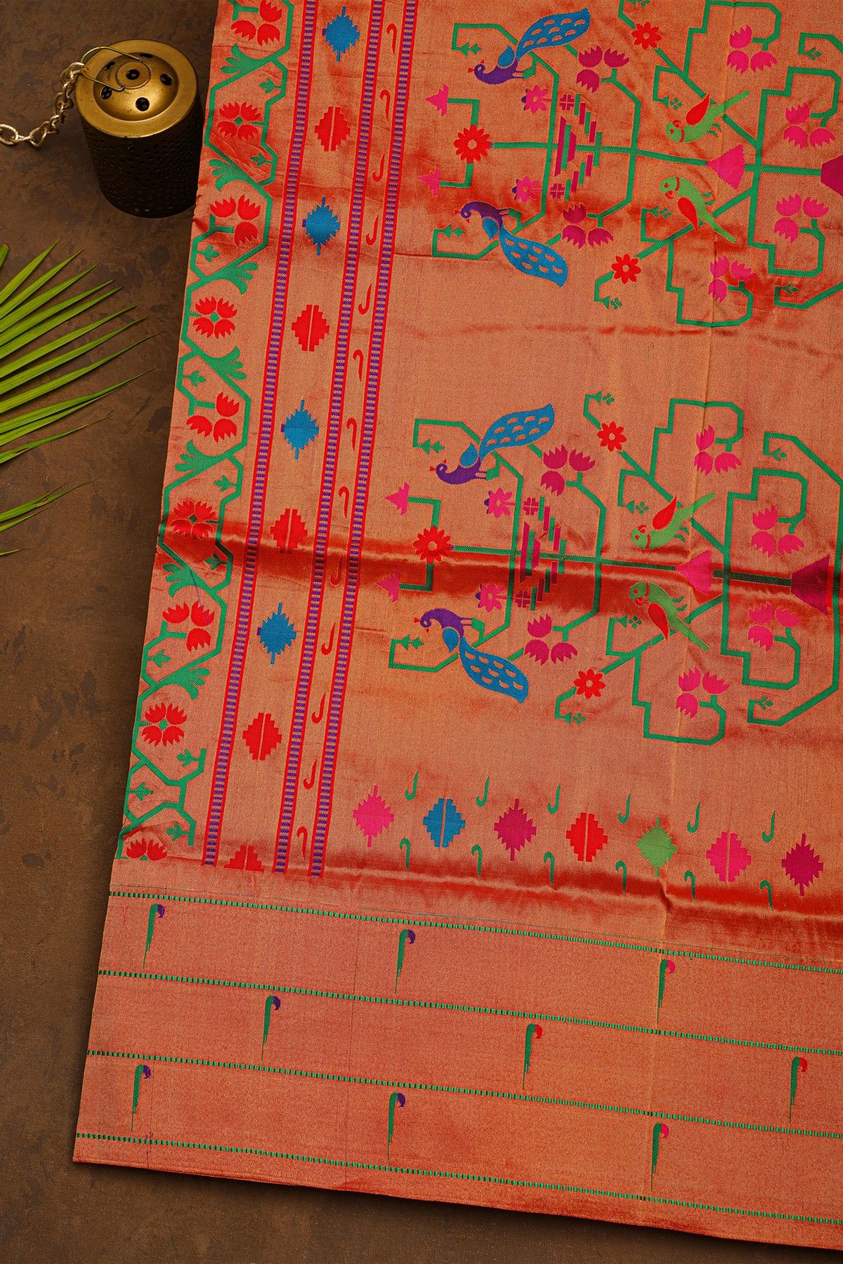 Narayanpet Silk Teal Blue Saree With Muniya Buttis Border