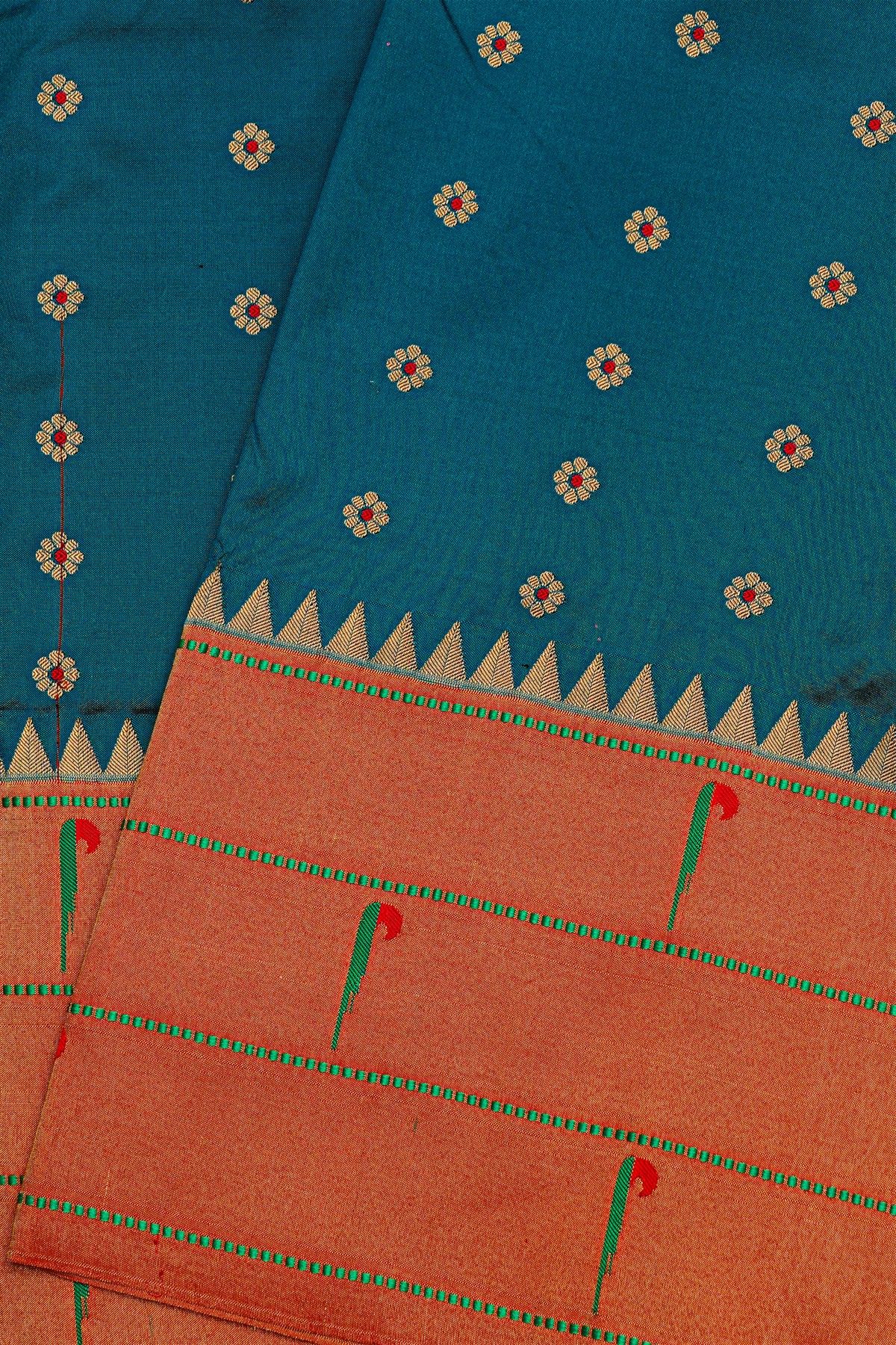 Narayanpet Silk Teal Blue Saree With Muniya Buttis Border
