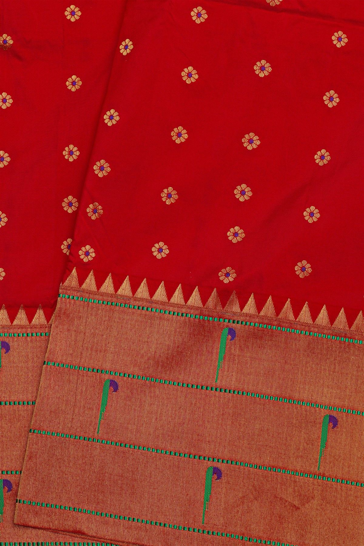 Narayanpet Silk Red Saree With Muniya Buttis Border