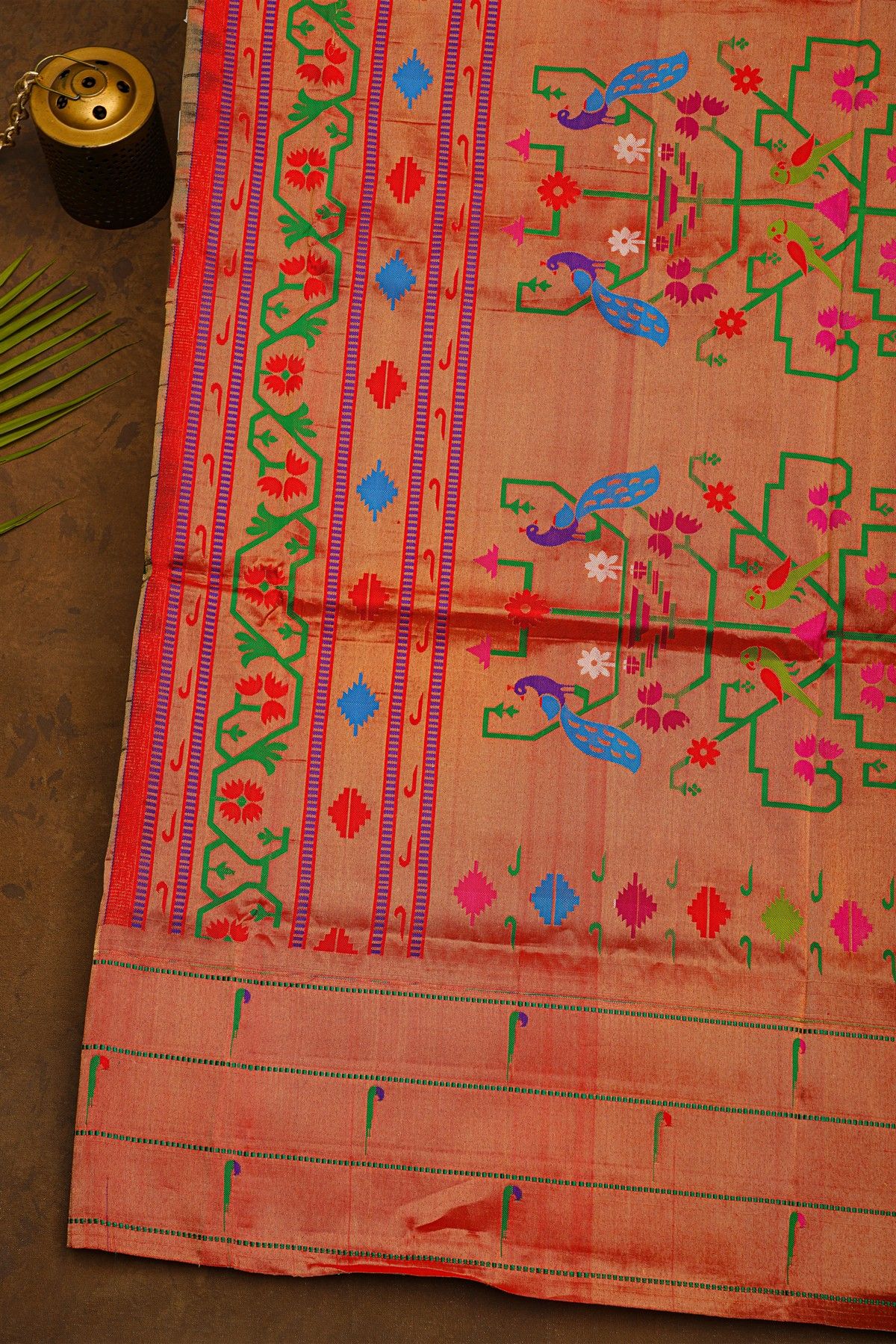 Narayanpet Silk Bottle Green Saree With Muniya Buttis Border