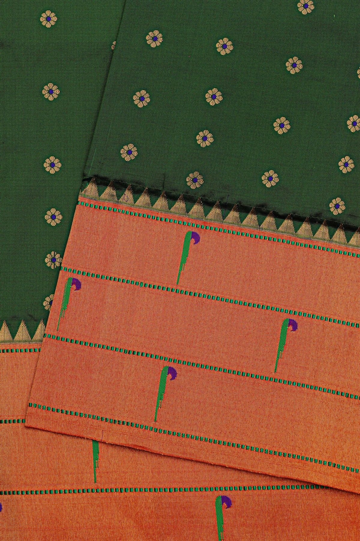 Narayanpet Silk Bottle Green Saree With Muniya Buttis Border