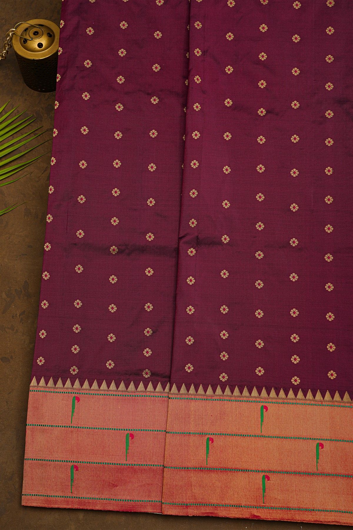 Narayanpet Silk Burgundy Saree With Muniya Buttis Border