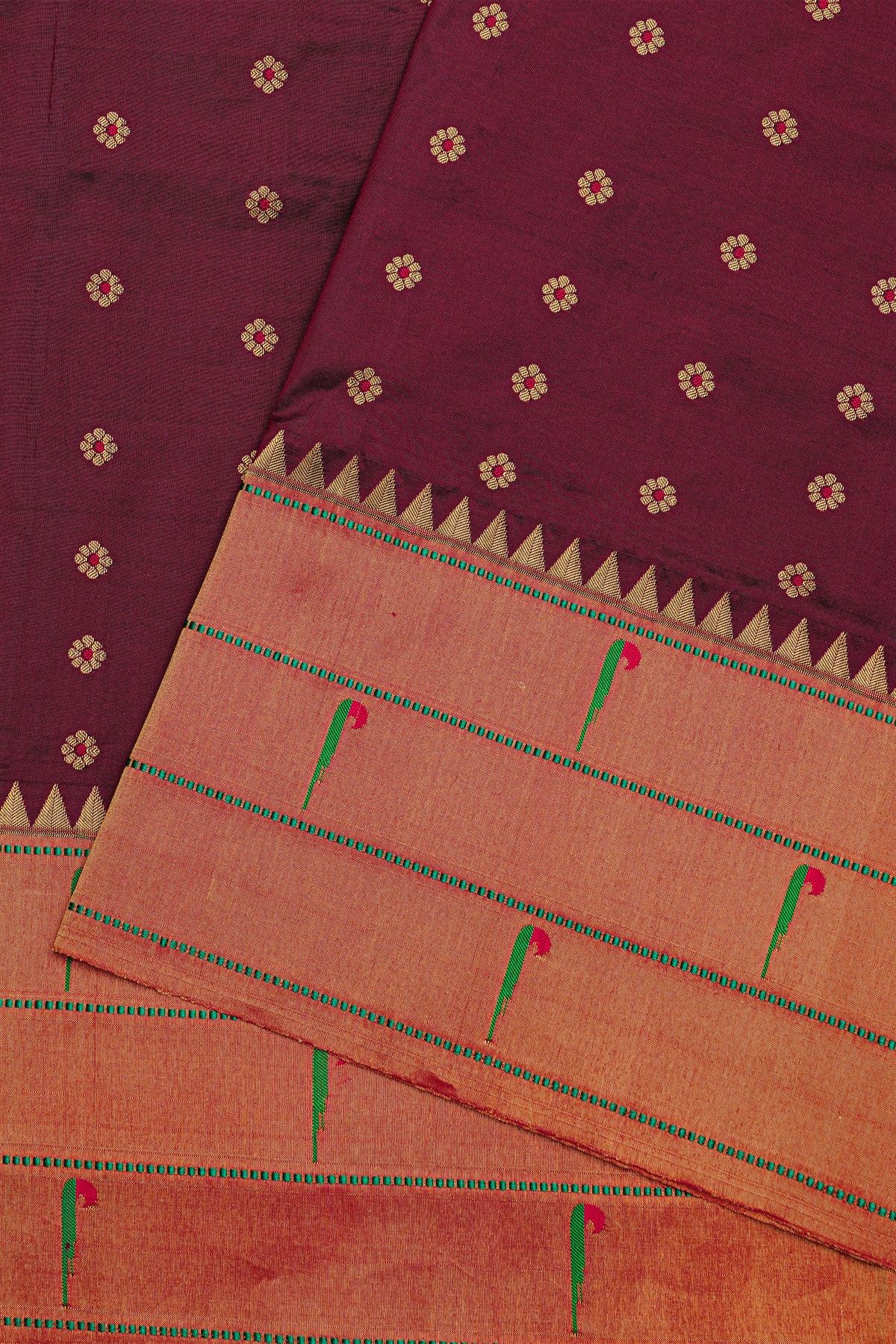 Narayanpet Silk Burgundy Saree With Muniya Buttis Border
