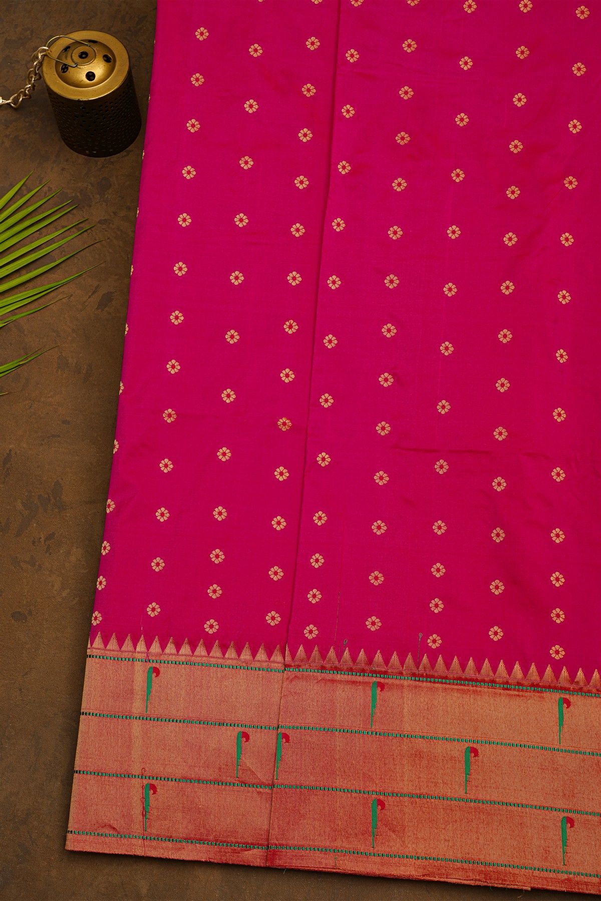 Narayanpet Silk Rani Pink Saree With Muniya Buttis Border