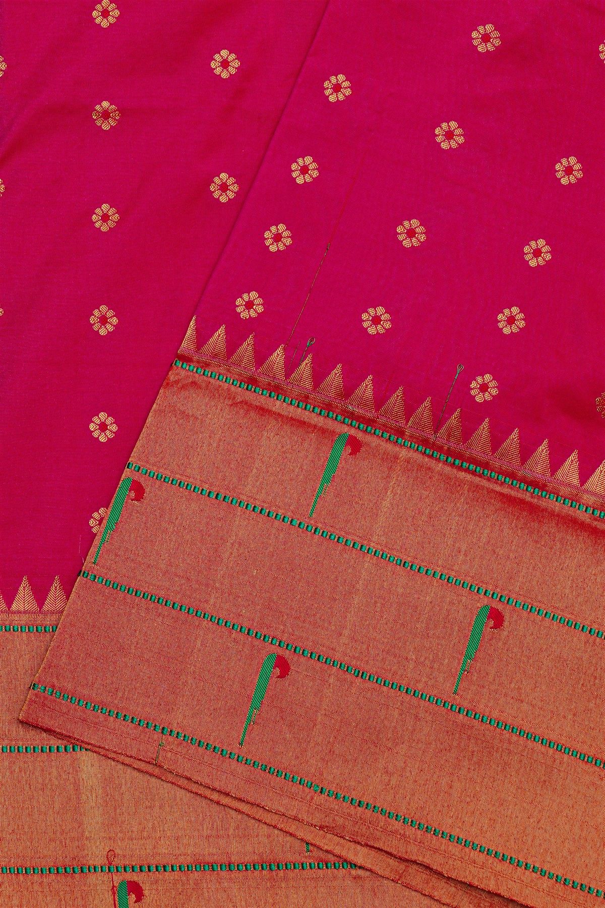 Narayanpet Silk Rani Pink Saree With Muniya Buttis Border