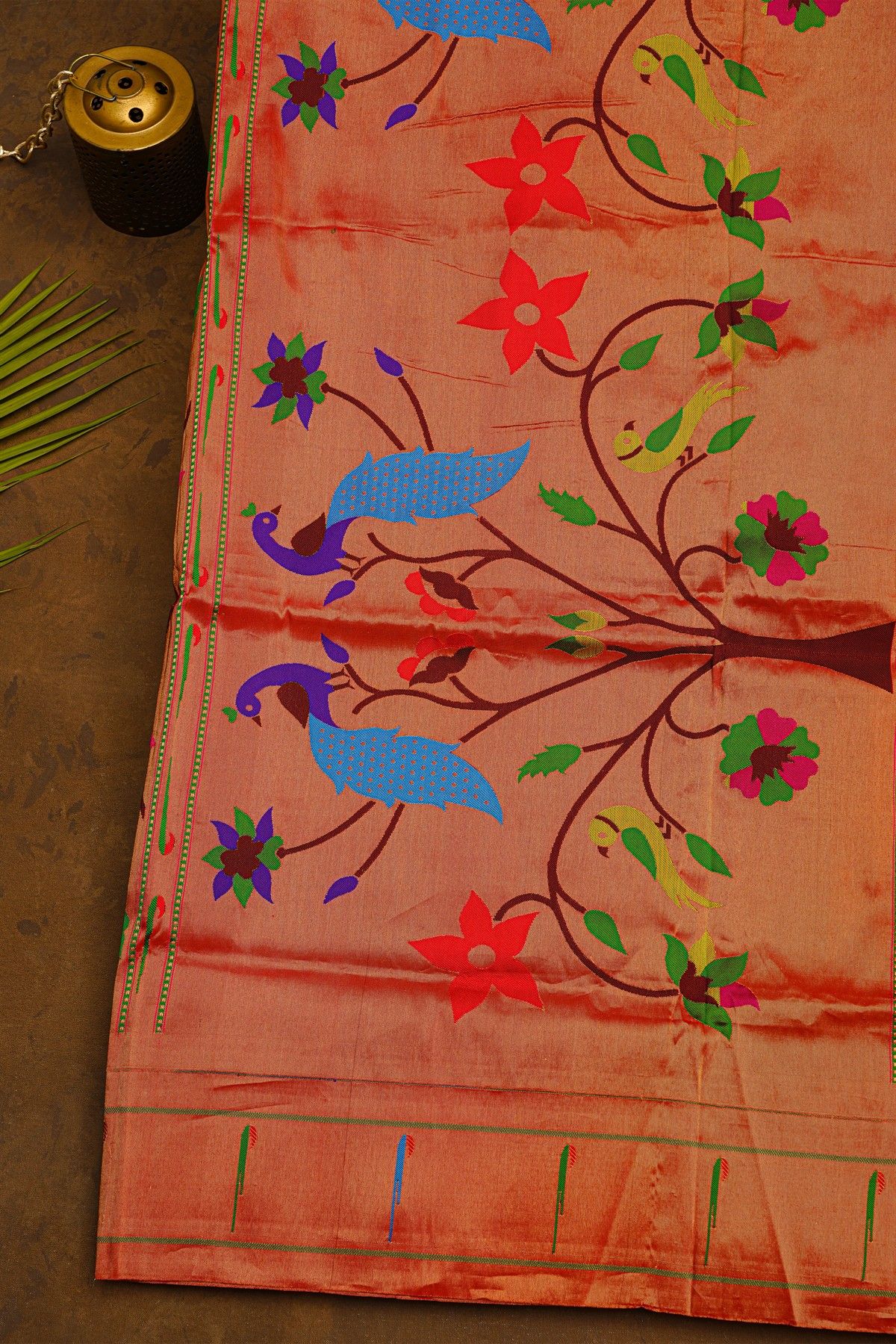 Narayanpet Silk Bottle Green Saree With Muniya Buttis Border