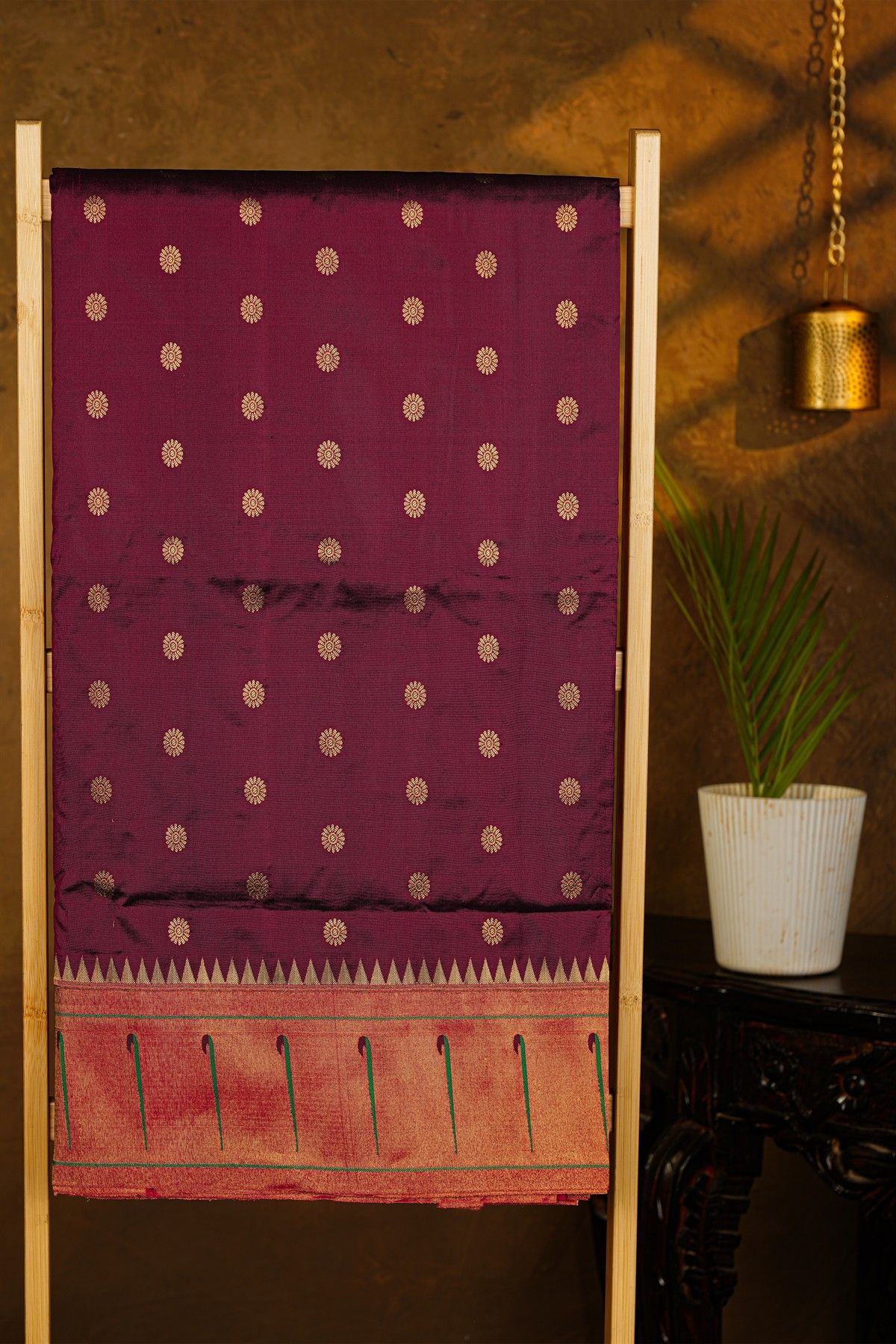 Narayanpet Silk Dark Wine Saree With Muniya Buttis Border