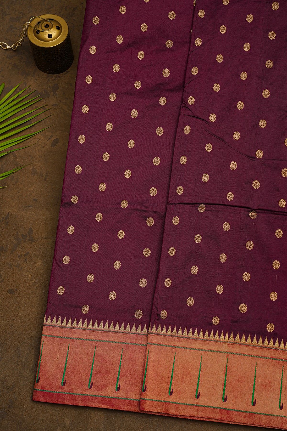 Narayanpet Silk Dark Wine Saree With Muniya Buttis Border