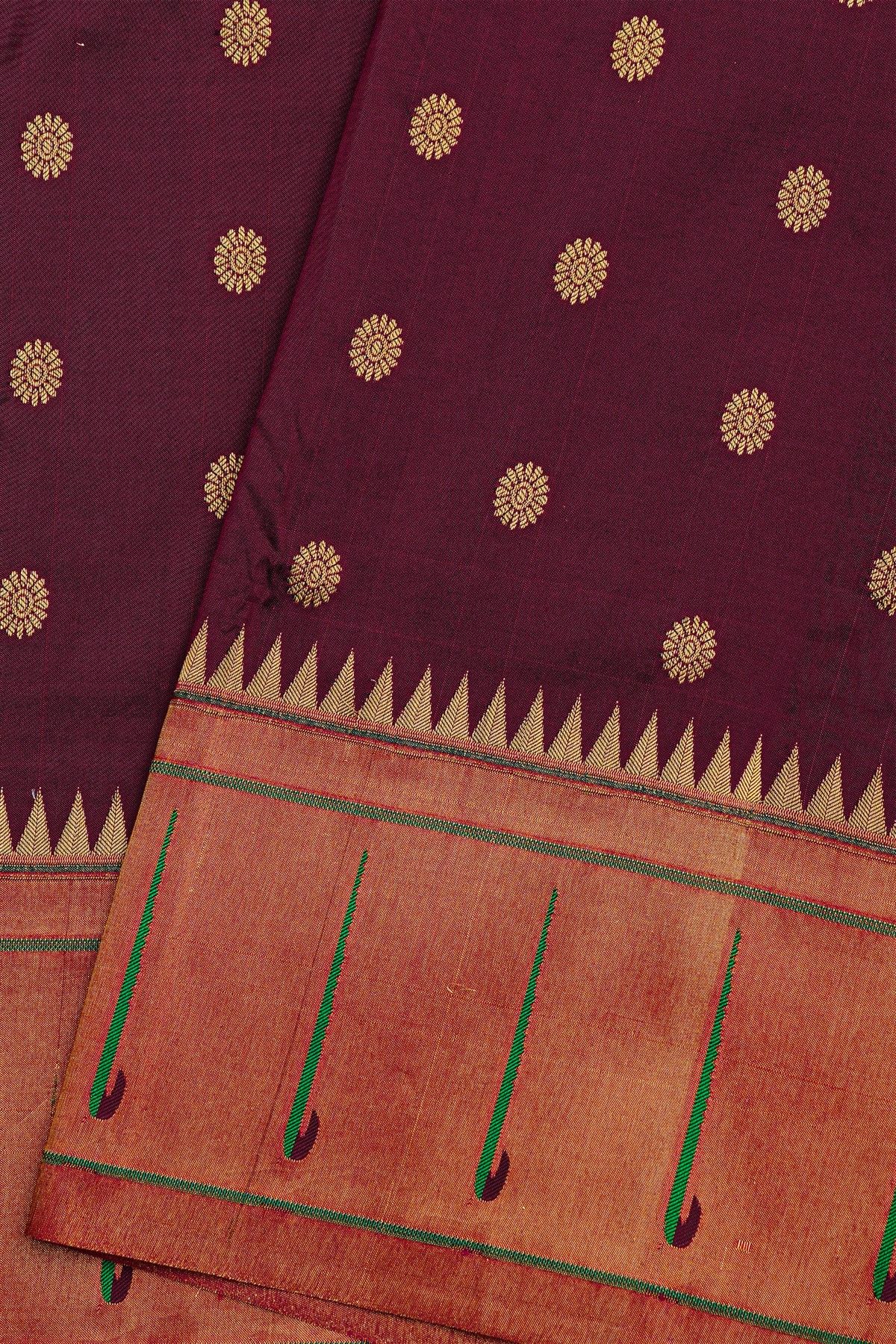Narayanpet Silk Dark Wine Saree With Muniya Buttis Border