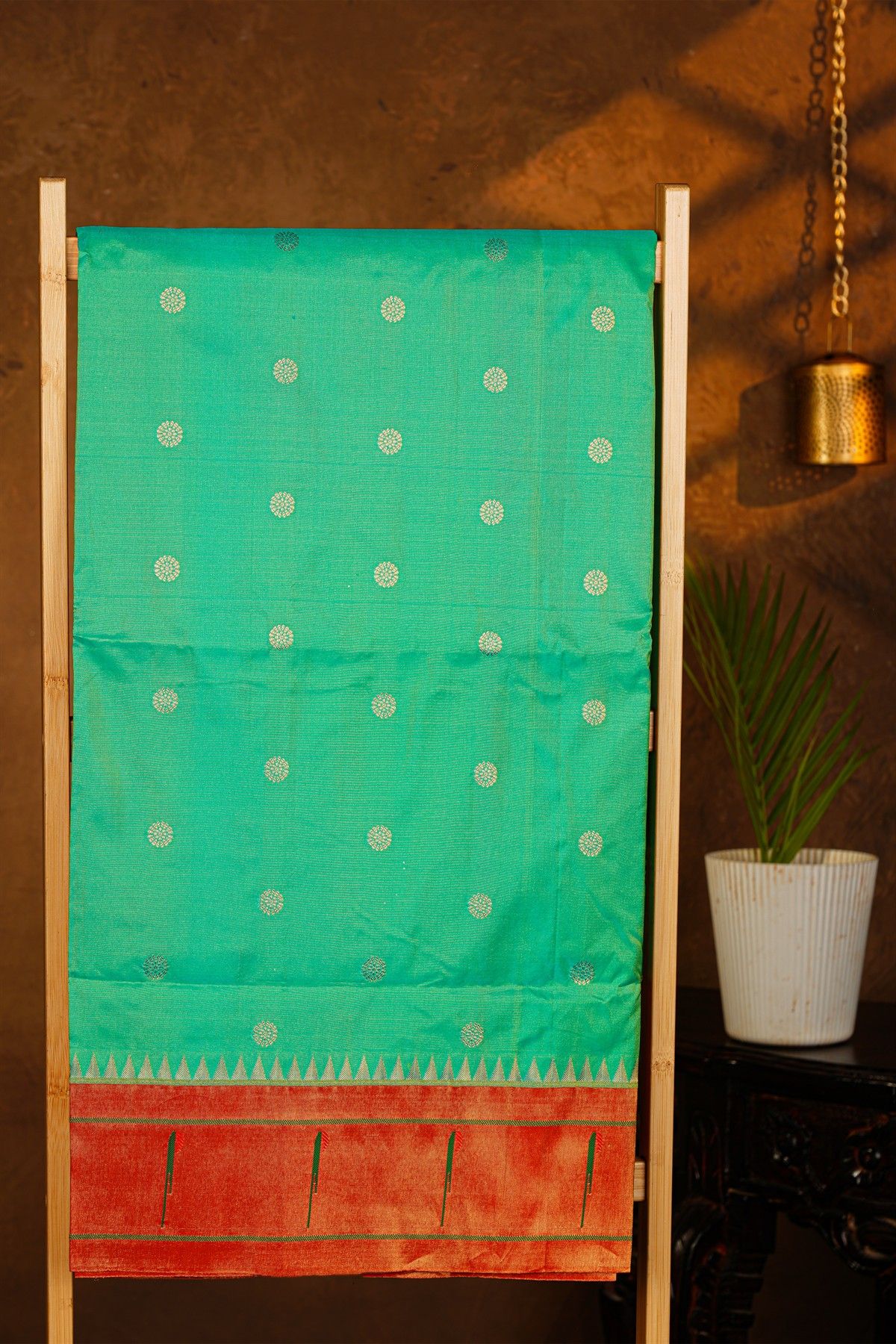 Narayanpet Silk Mint Green Saree With Muniya Buttis Border