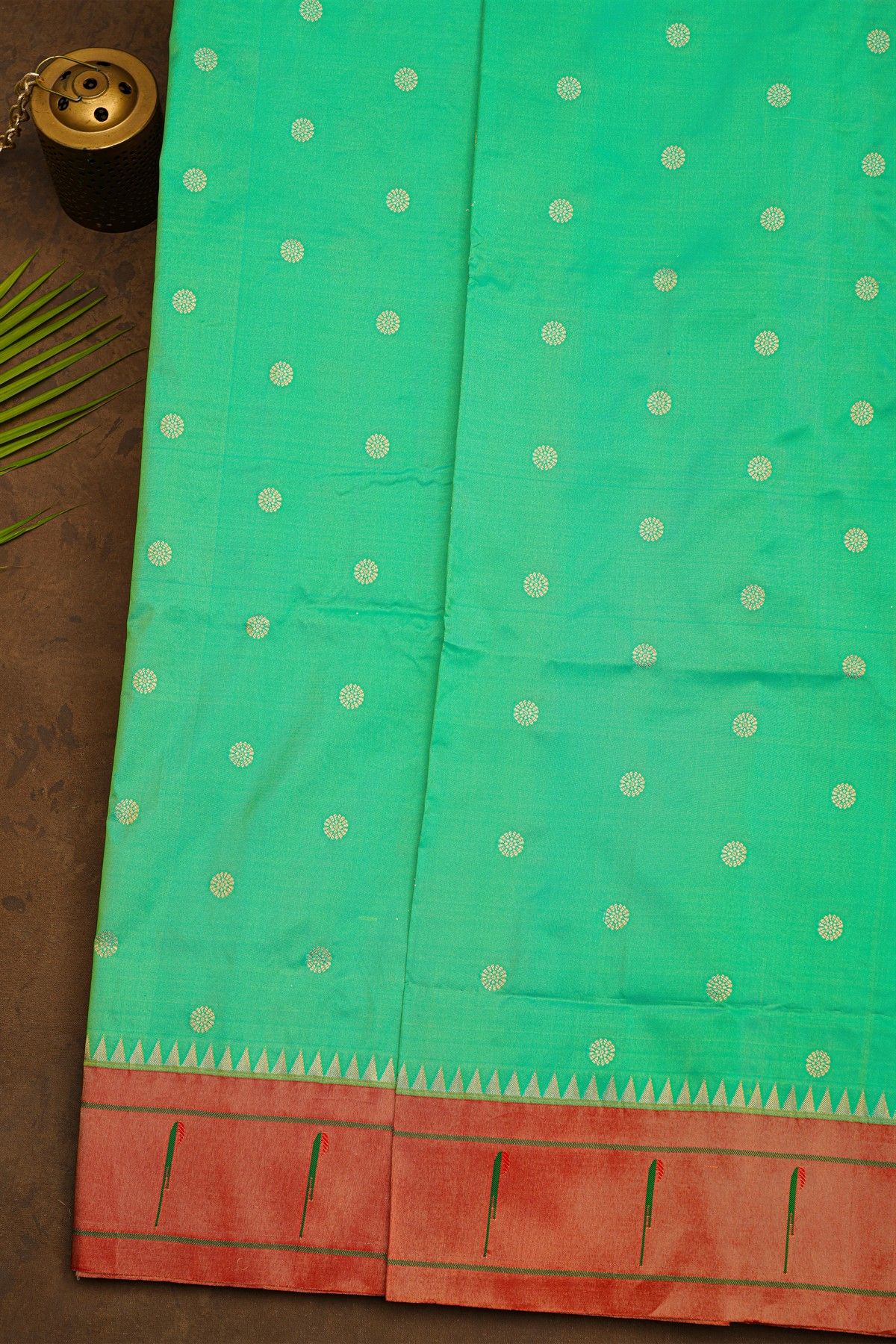 Narayanpet Silk Mint Green Saree With Muniya Buttis Border
