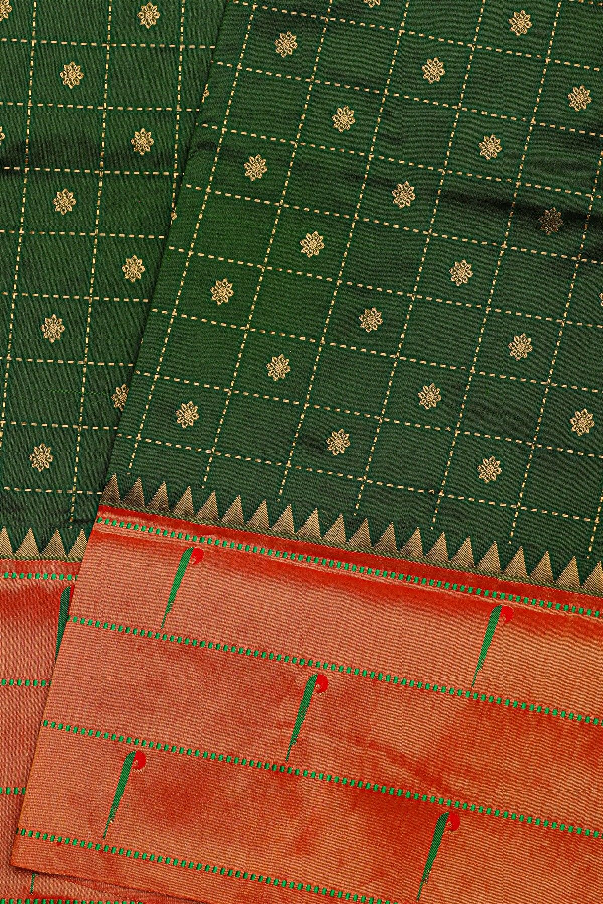 Narayanpet Silk Bottle Green Saree With Muniya Buttis Border