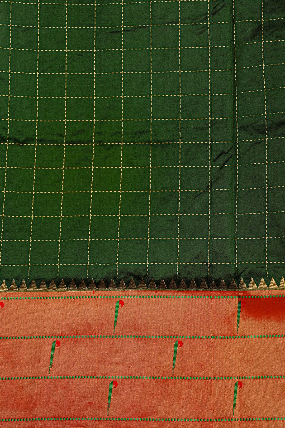 Narayanpet Silk Bottle Green Saree With Muniya Buttis Border