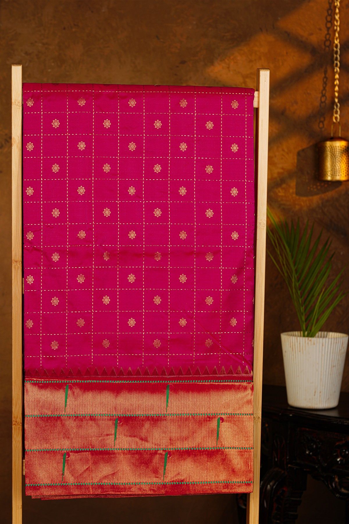 Narayanpet Silk Rani Pink Saree With Muniya Buttis Border